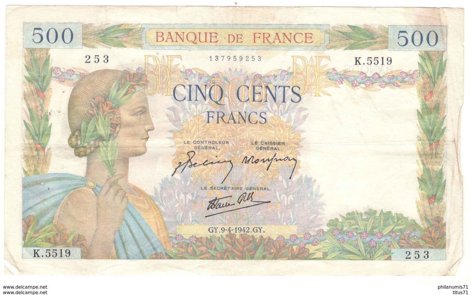 Billet 500 Francs France La Paix 09/04/1942 - 500 F 1940-1944 ''La Paix''