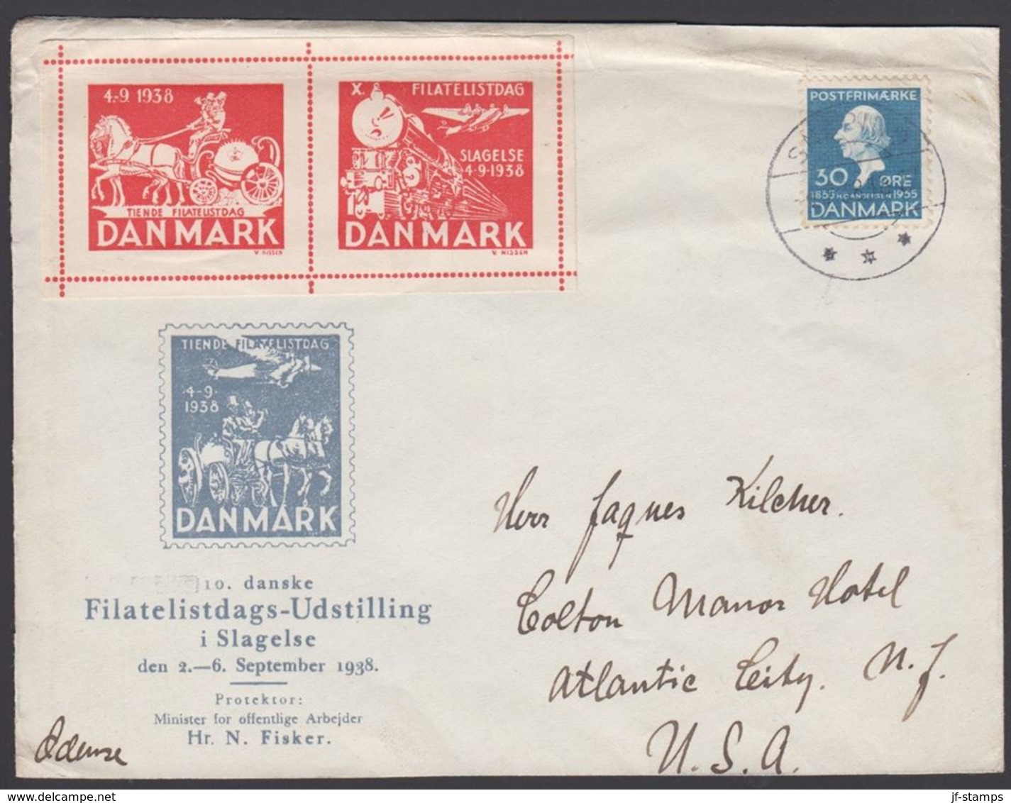 1935. Hans Christian Andersen. 30 Øre TO Usa SNAPIND 4.7.38. X. FILATELISTDAG SLAGELS... (Michel 227) - JF304942 - Storia Postale