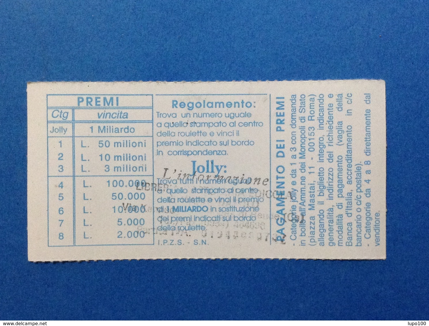 BIGLIETTO LOTTERIA GRATTA E VINCI USATO L. 2000 ROULETTE SANREMO - Biglietti Della Lotteria