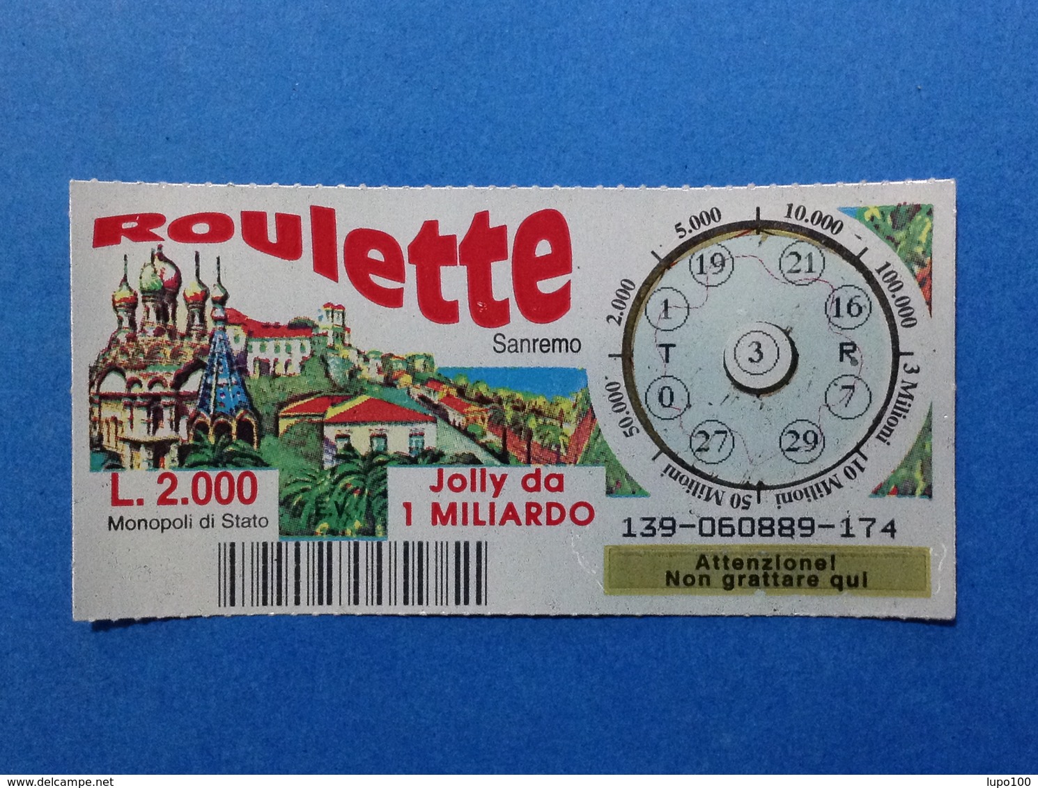 BIGLIETTO LOTTERIA GRATTA E VINCI USATO L. 2000 ROULETTE SANREMO - Biglietti Della Lotteria