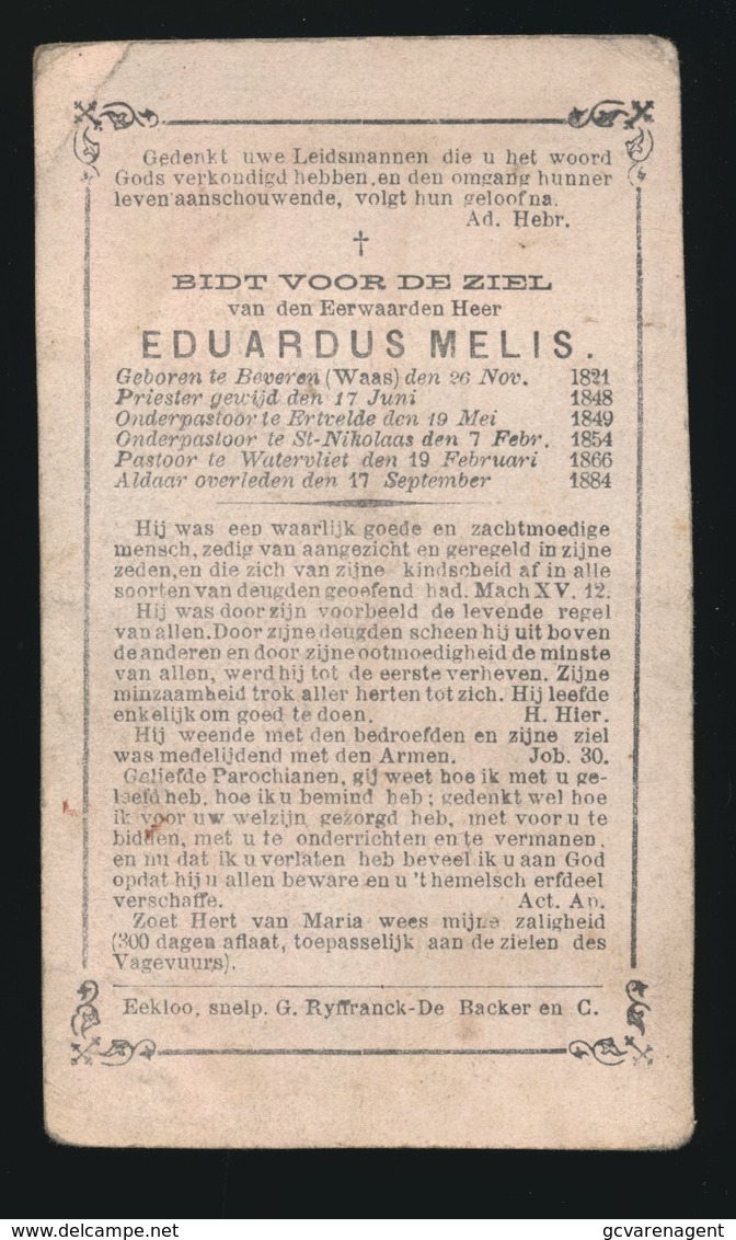 PASTOOR  WATERVLIET - EDUARDUS MELIS BEVEREN WAAS 1821 - WATERVLIET 1884 - Overlijden