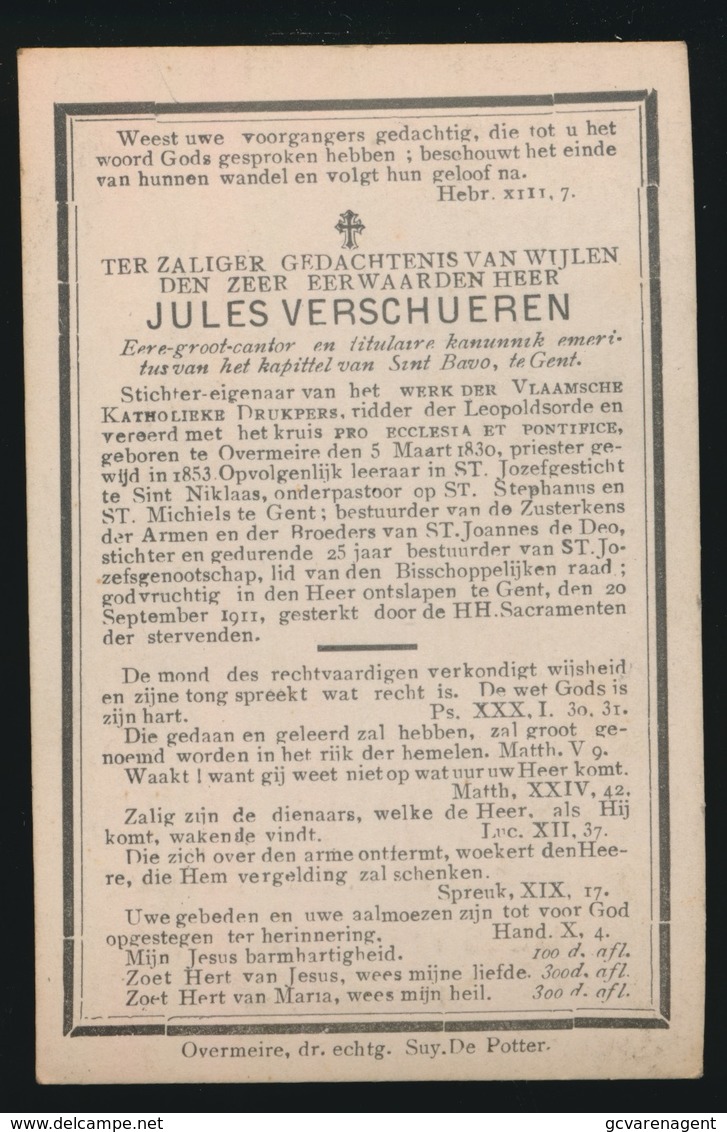 BESTUURDER ST.JOZEFGENOOTSCHAP GENT - EERW.HEER JULES VERSCHEUREN OVERMEIRE 1830 - GENT 1911 - 2 SCANS - Overlijden