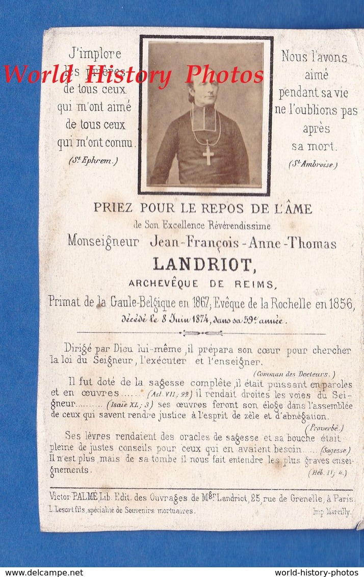 Faire-Part De Décés De 1874 - Mgr Jean François Anne Thomas LANDRIOT Archevêque De REIMS - Eveque De LA ROCHELLE - Overlijden