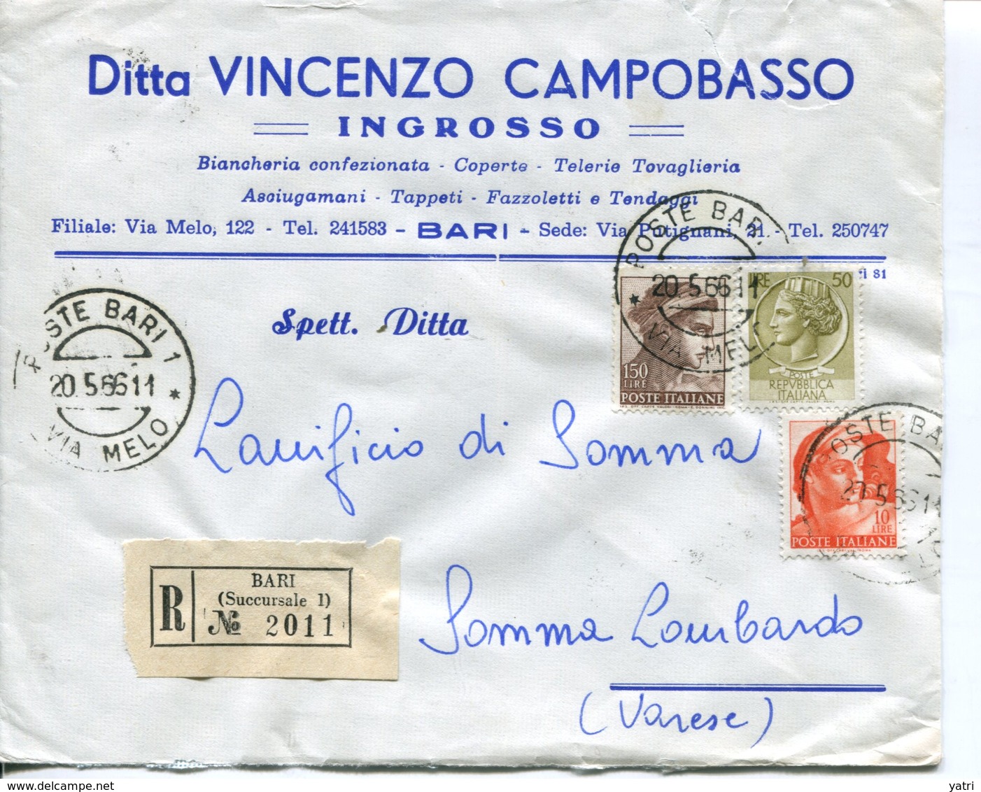 Italia (1966) -  Mista Siracusana/Michelangiolesca Su Raccomandata Doppio Porto Da Bari - 1961-70: Storia Postale