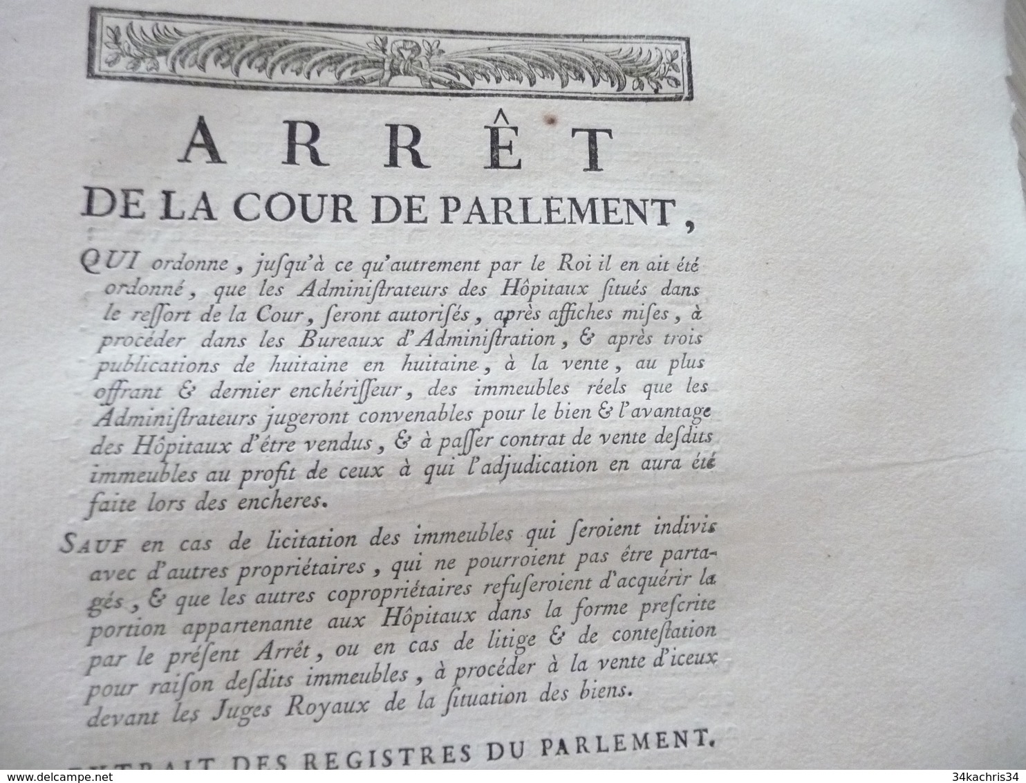 Arrêt Cour Du Parlement 08/08/1786 Hôpitaux Autorisation Ventes - Decrees & Laws