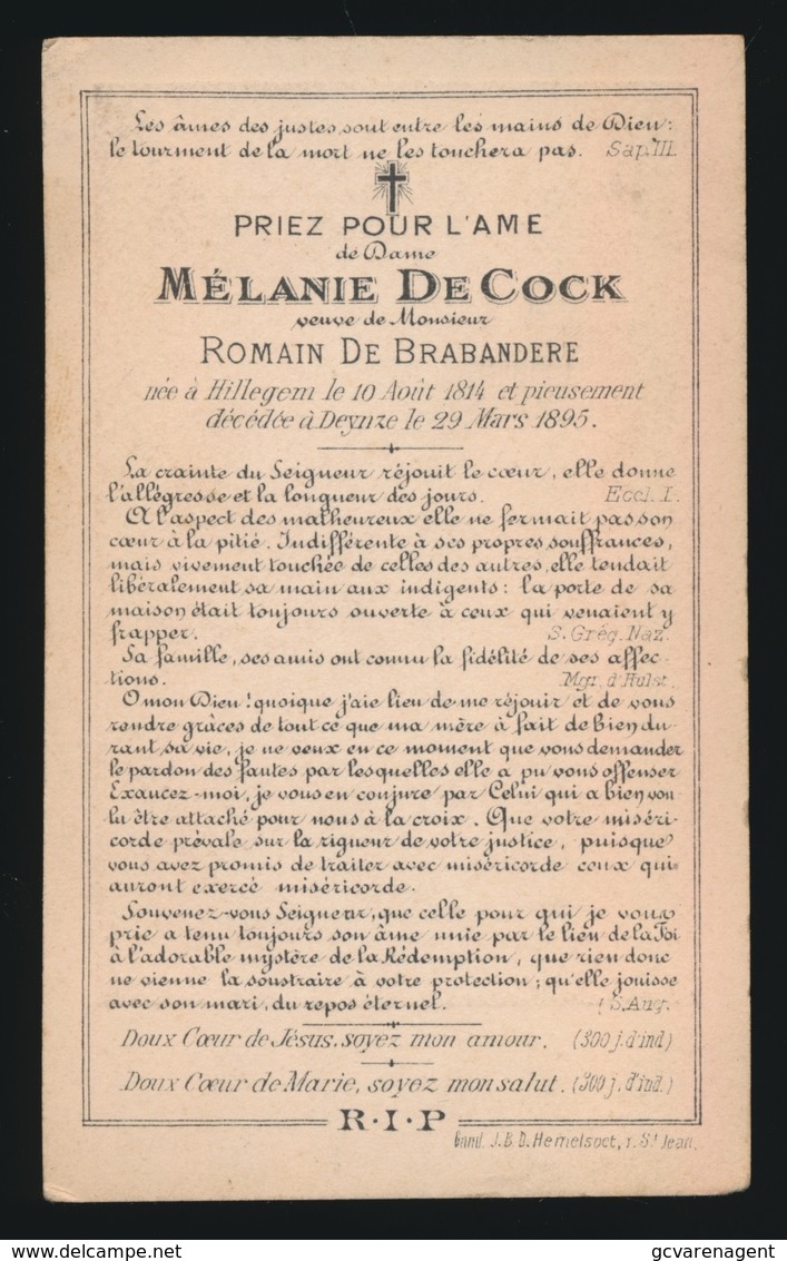 FOTO - MELANIE DE COCK - HILLEGEM 1814 - DEINZE 1895   2 SCANS - Avvisi Di Necrologio