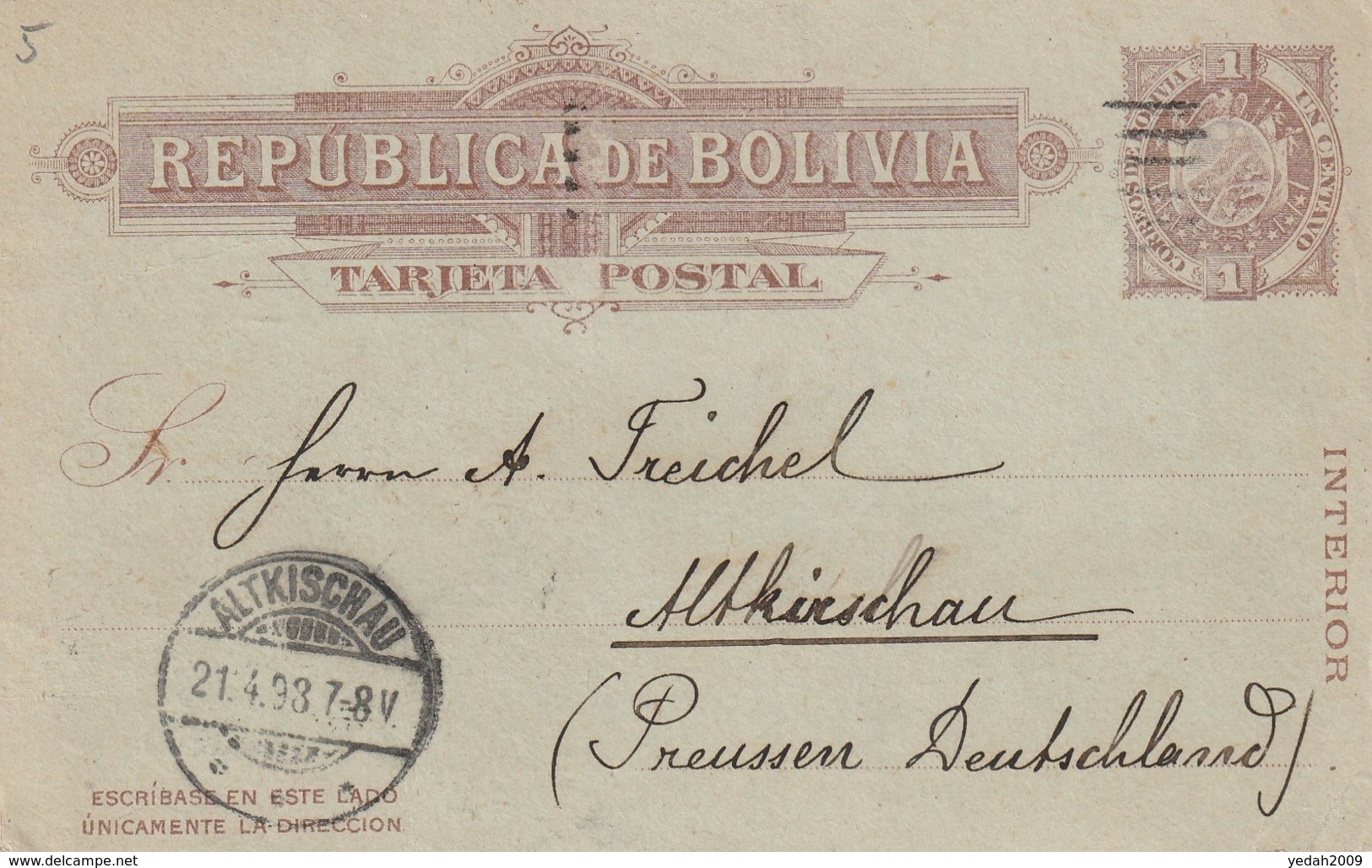 Bolivia La Paz POSTAL CARD To Altkischau Germany 1898 - Bolivien