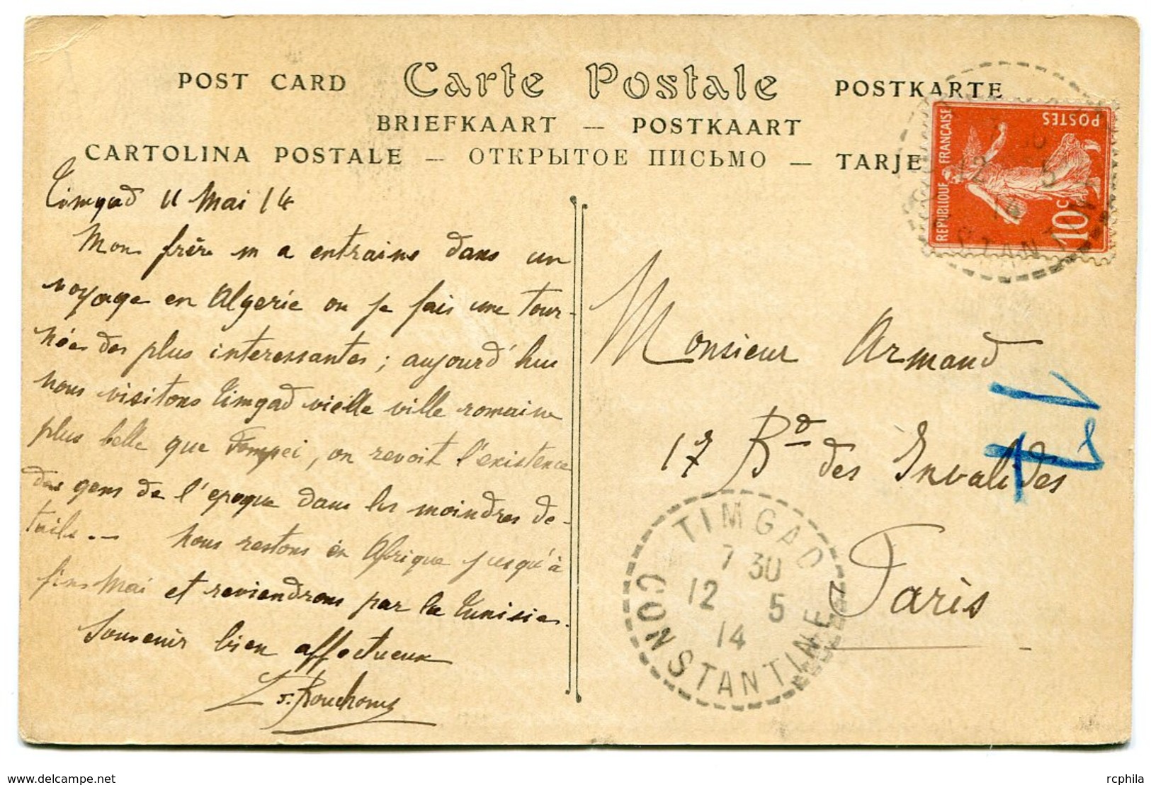 RC 14666 FRANCE / ALGERIE TIMGAD CONSTANTINE SUR 10c SEMEUSE TB - 1921-1960: Période Moderne