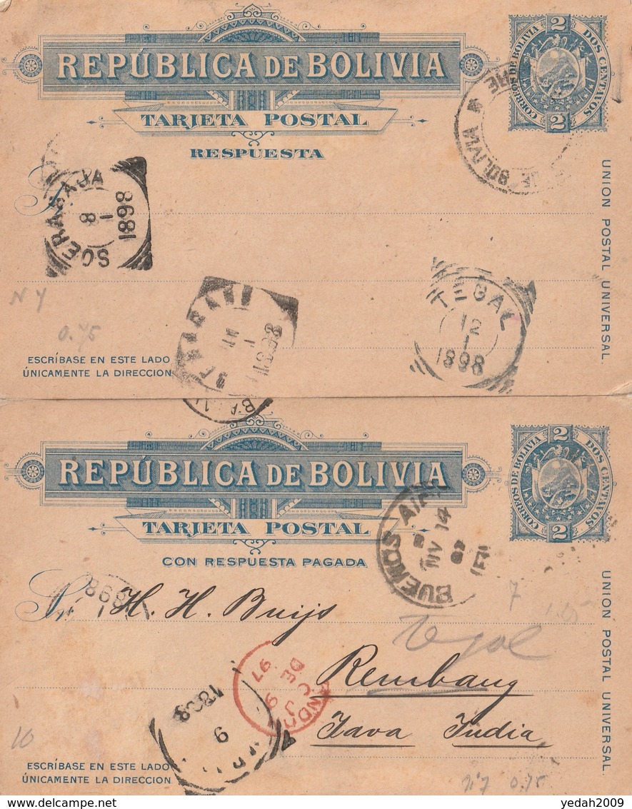 Bolivia POSTAL CARD WITH REPLY SIDE SENT TO Rembang Java Netherlands Indies 1898 - Bolivia