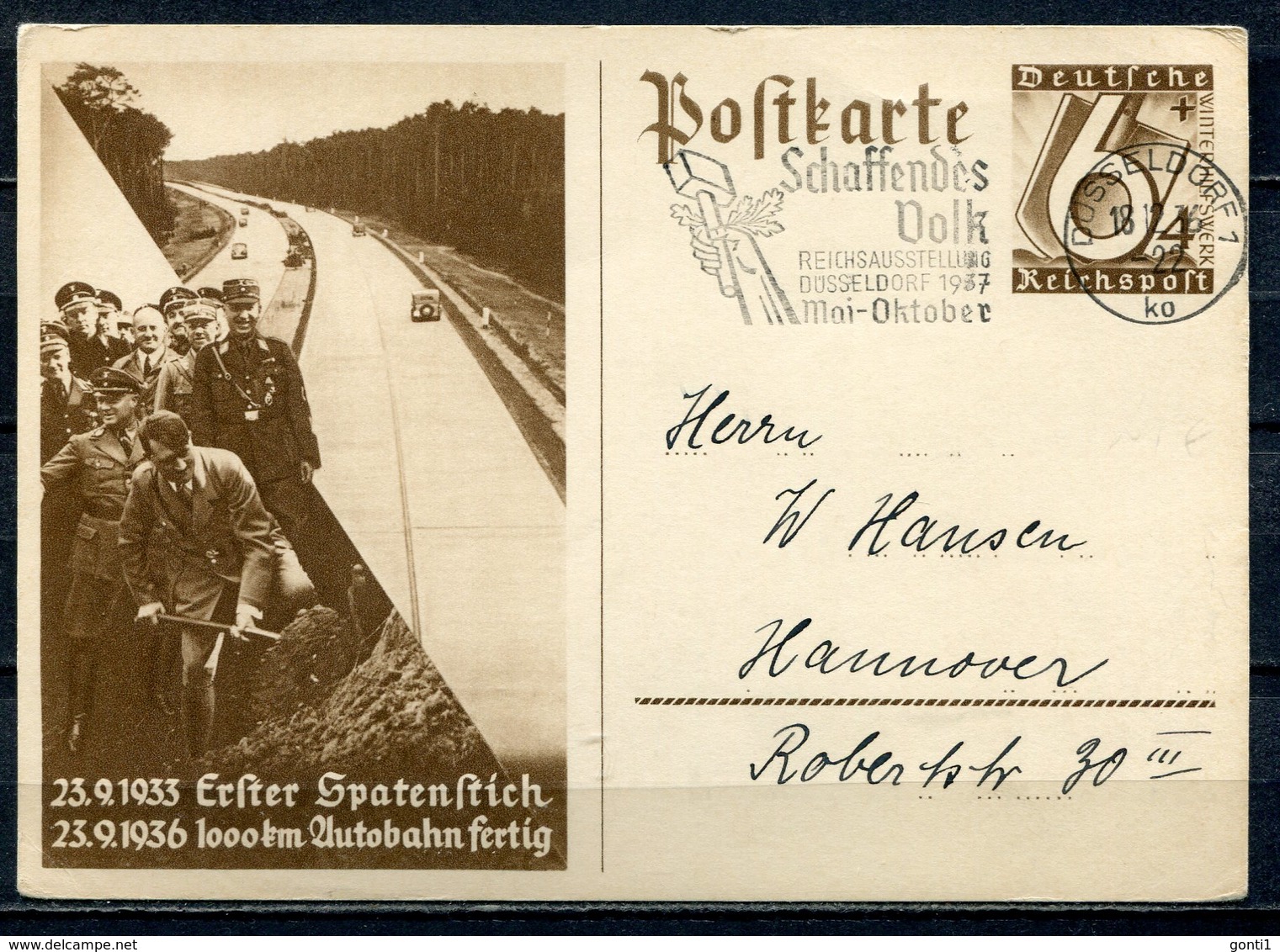 German Empires 1936 GS WHW,Erster Spatenstich Mi.Nr.P263 Mit Propaganda  MWST"Düsseldorf-SCHAFFENDES VOLK..."1 GS Used - Briefe U. Dokumente