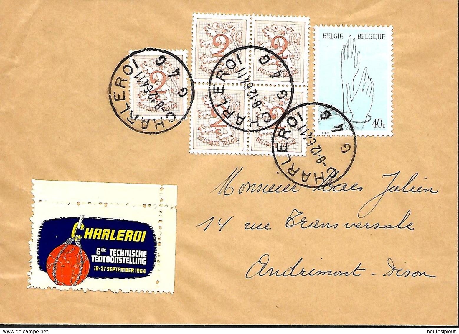 Belgique. TP  1026 A (x 5) +1224 Impr. Charleroi 4 > Andrimont  1964  Vignette Charleroi 6de Technische Tenttonstelling - Erinnophilie - Reklamemarken [E]