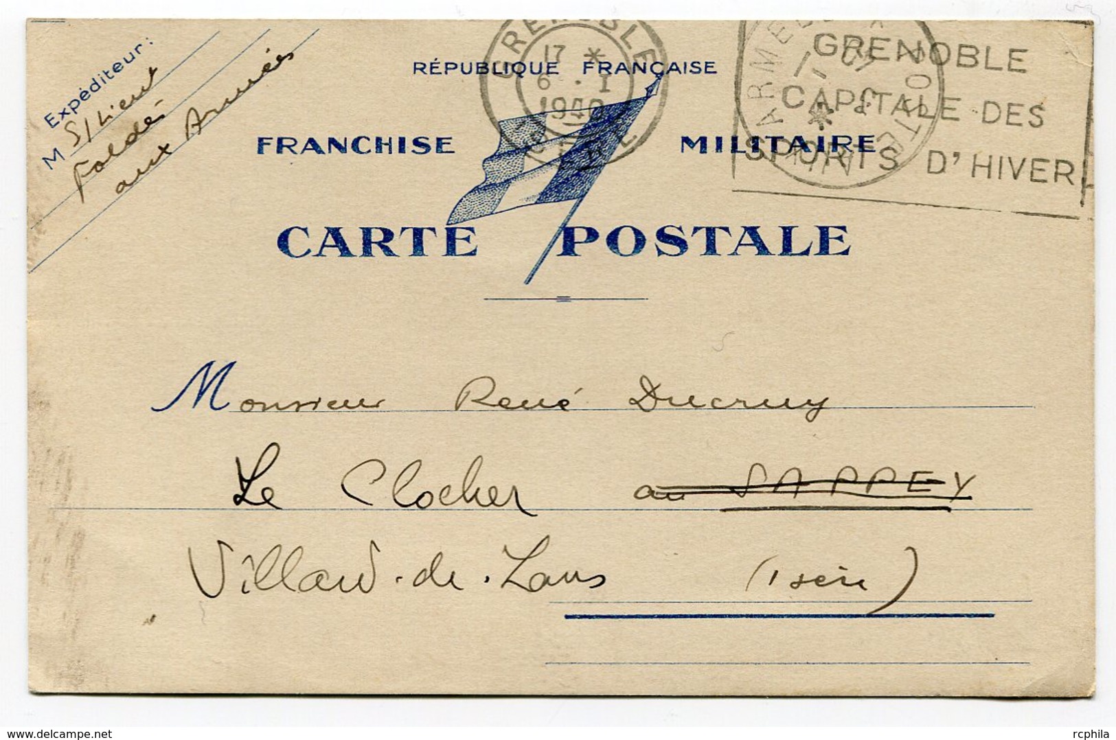 RC 14680 FRANCE WWII 1940 CARTE DE FRANCHISE MILITAIRE FM AU DRAPEAU POSTE AUX ARMÉES + TRANSIT GRENOBLE TB - Lettres & Documents