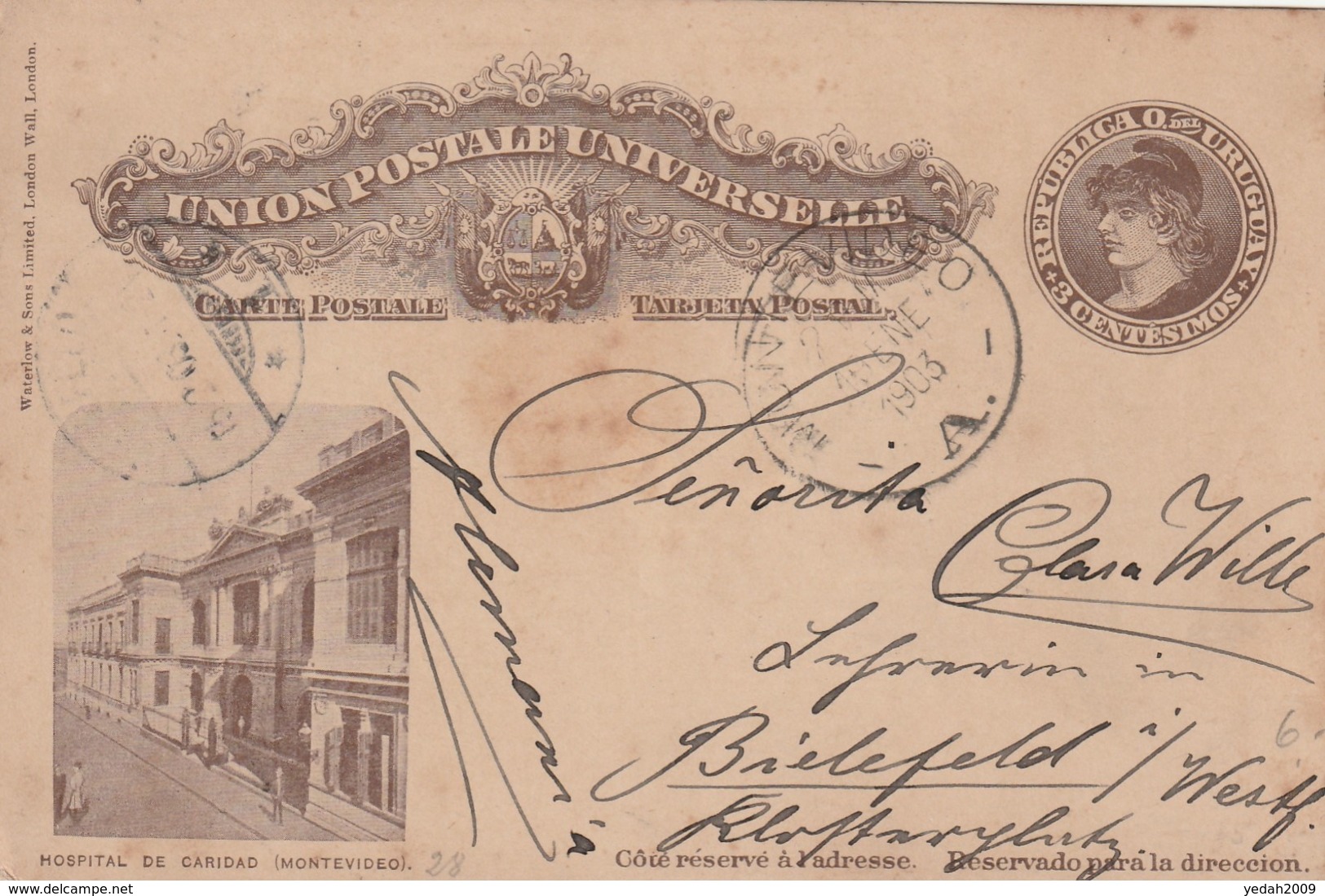 Uruguay MONTEVIDEO POSTAL CARD HOSPITAL TO Bielefeld Germany 1903 - Uruguay