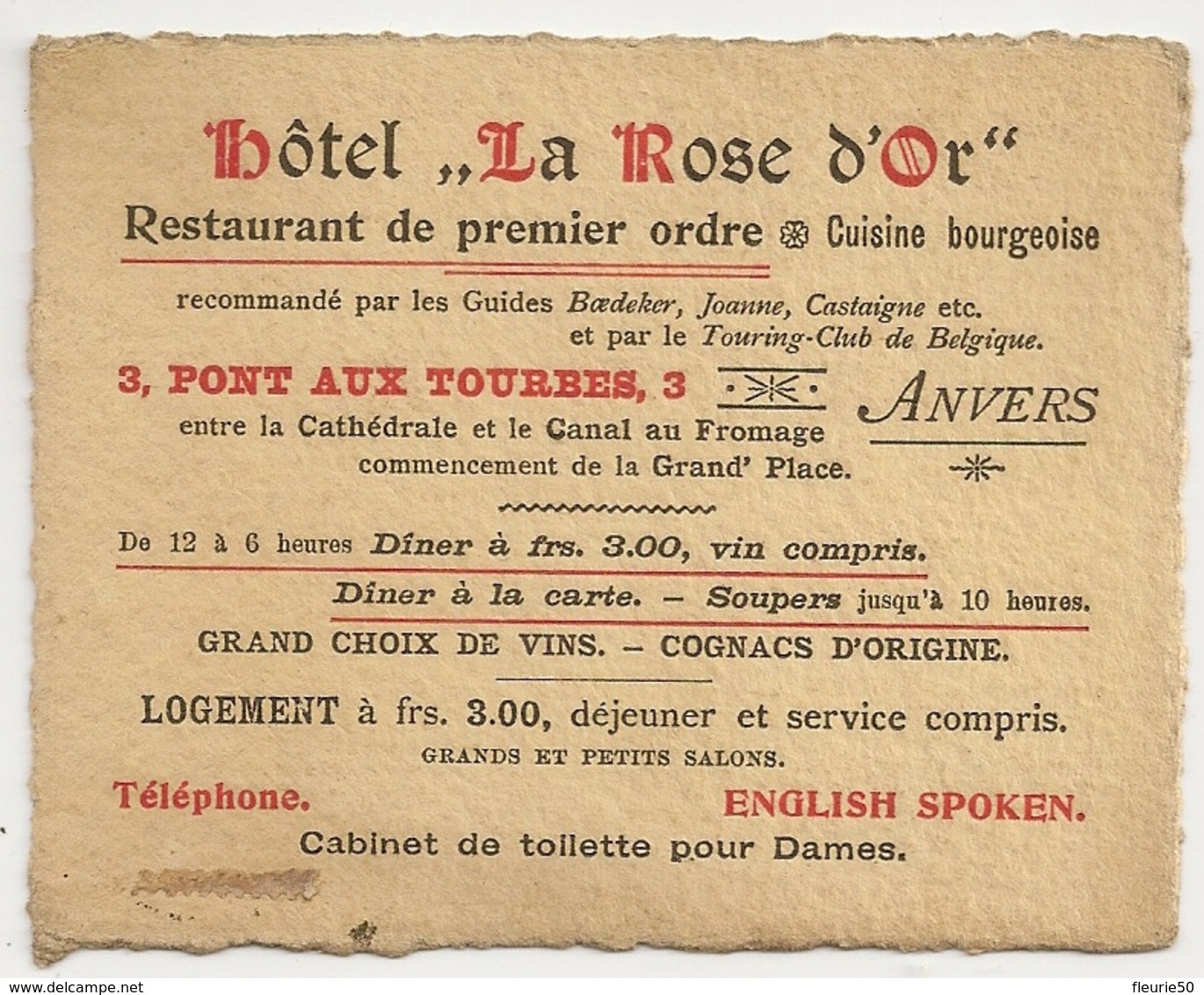 PUBLICITE - Belgique, Hôtel " La Rose D'Or" Anvers 3, Pont Aux Tourbes. Téléphone. - Etiquettes D'hotels