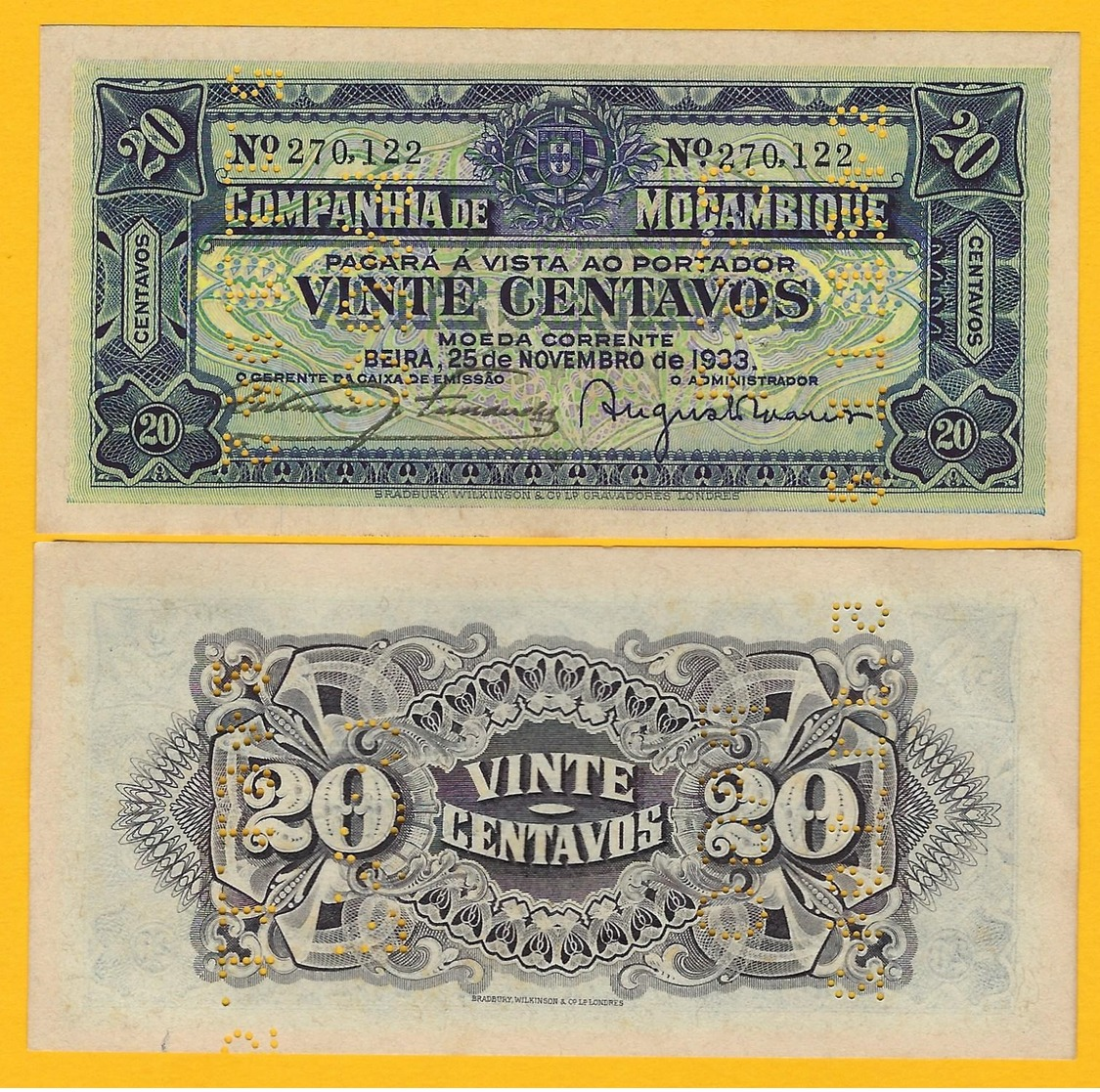 Mozambique 20 Centavos P-R29 1933 Companhía De Moçambique UNC Banknote - Mozambico