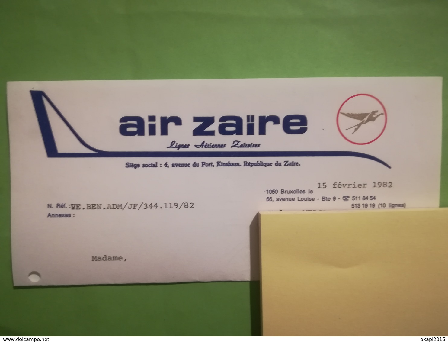 AIR ZAÏRE LETTRE À EN -TÊTE AIR CONGO TIMBRE OBLITÉRÉ OBJETS SOUVENIRS TRANSPORTS AVIATION  EX - CONGO BELGE  BELGIQUE - Autres & Non Classés