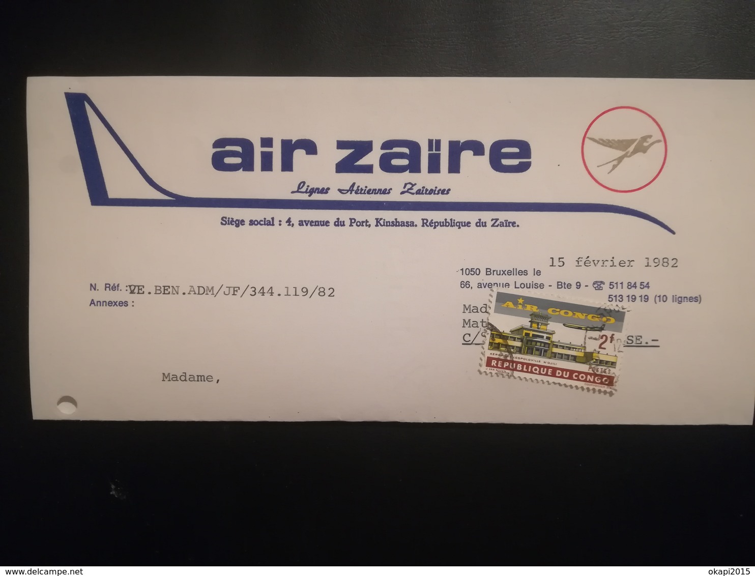 AIR ZAÏRE LETTRE À EN -TÊTE AIR CONGO TIMBRE OBLITÉRÉ OBJETS SOUVENIRS TRANSPORTS AVIATION  EX - CONGO BELGE  BELGIQUE