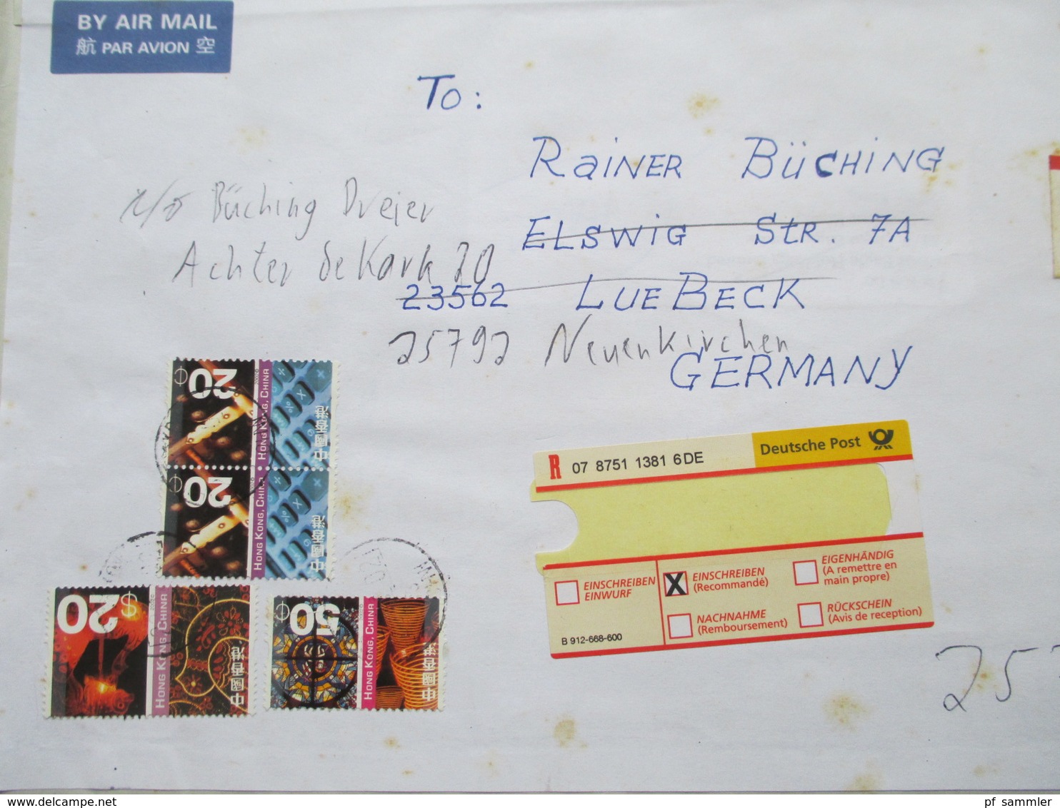 Hong Kong 2002 Registered Letter / Einschreiben Nach Lübeck Air Mail Mit 20 Dollar Marke! - Storia Postale