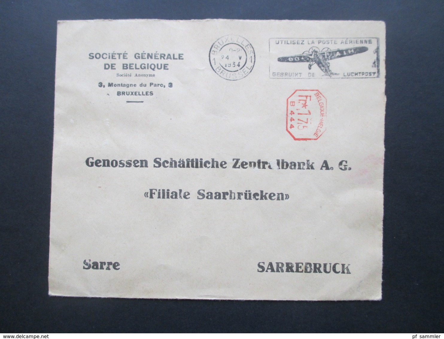 Belgien 1934 Luchtpost Roter Freistempel Fr. 17,5 B 444 An Die Genossenschaftliche Zentralbank Saarbrücken Sarre - Autres & Non Classés