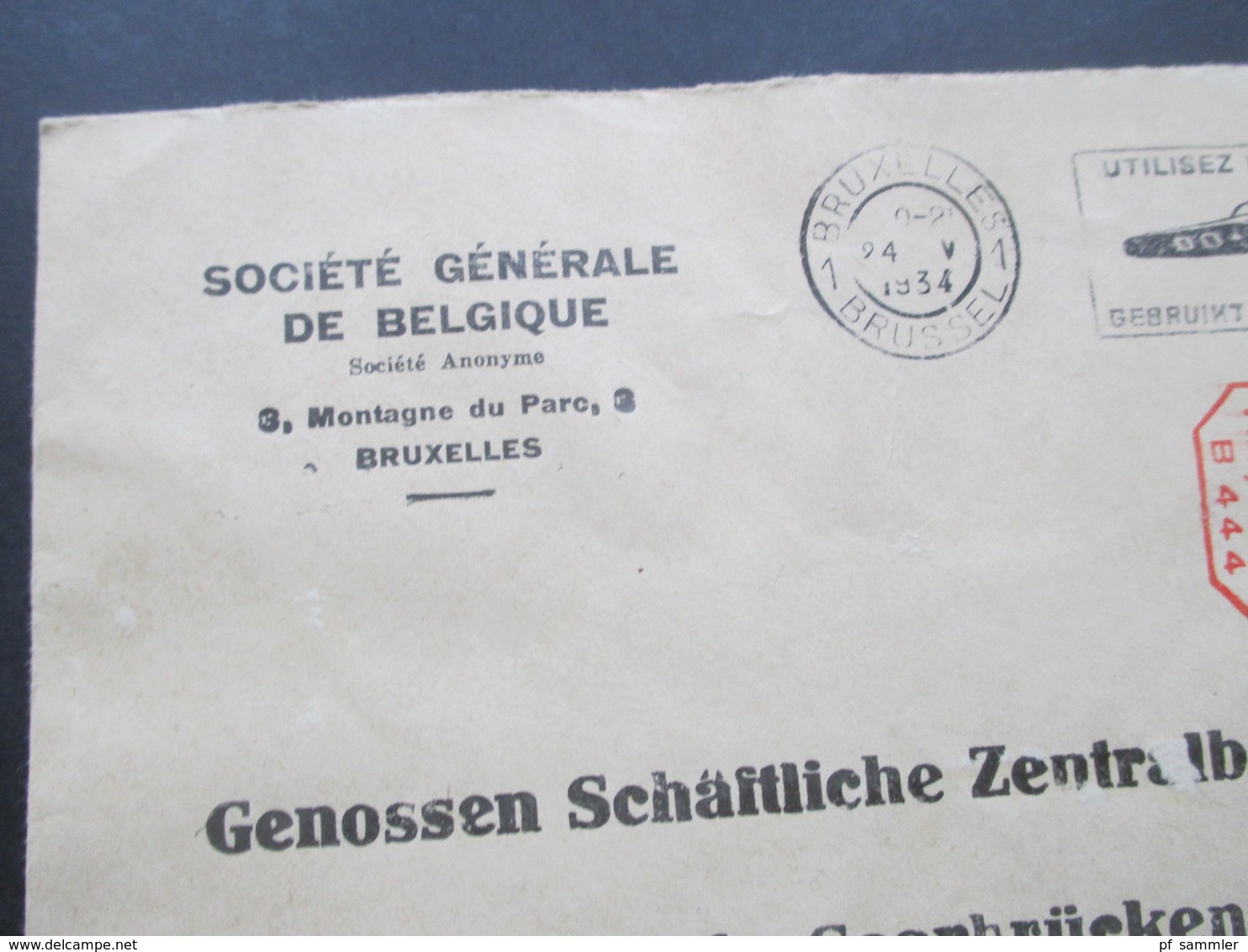 Belgien 1934 Luchtpost Roter Freistempel Fr. 17,5 B 444 An Die Genossenschaftliche Zentralbank Saarbrücken Sarre - Autres & Non Classés