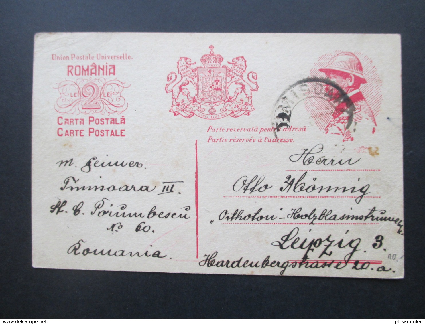 Rumänien 1922 Ganzsache P 78 Krönungskarte Nach Leipzig An Die Orthofon Holzblasinstrumenten Fabrik - Storia Postale