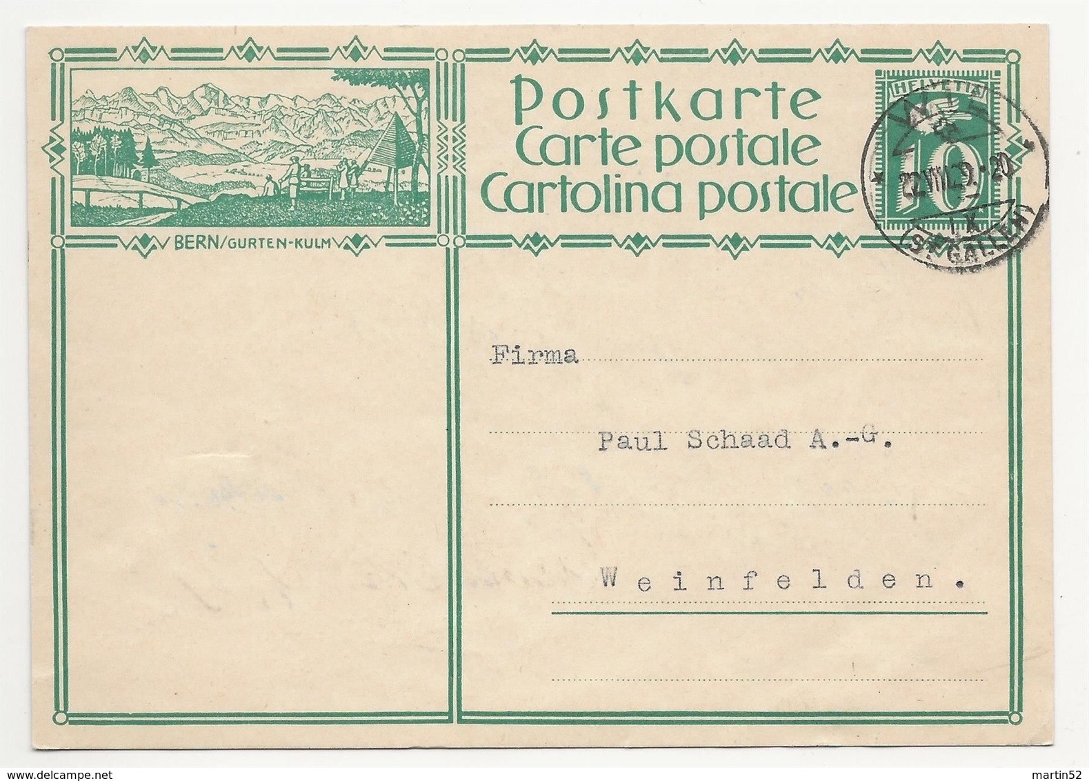 Schweiz Suisse 1929: Bild-PK CPI "BERN / GURTEN-KULM" Mit Stempel WIL 22.VIII.29 (ST.GALLEN) Nach Weinfelden - Interi Postali