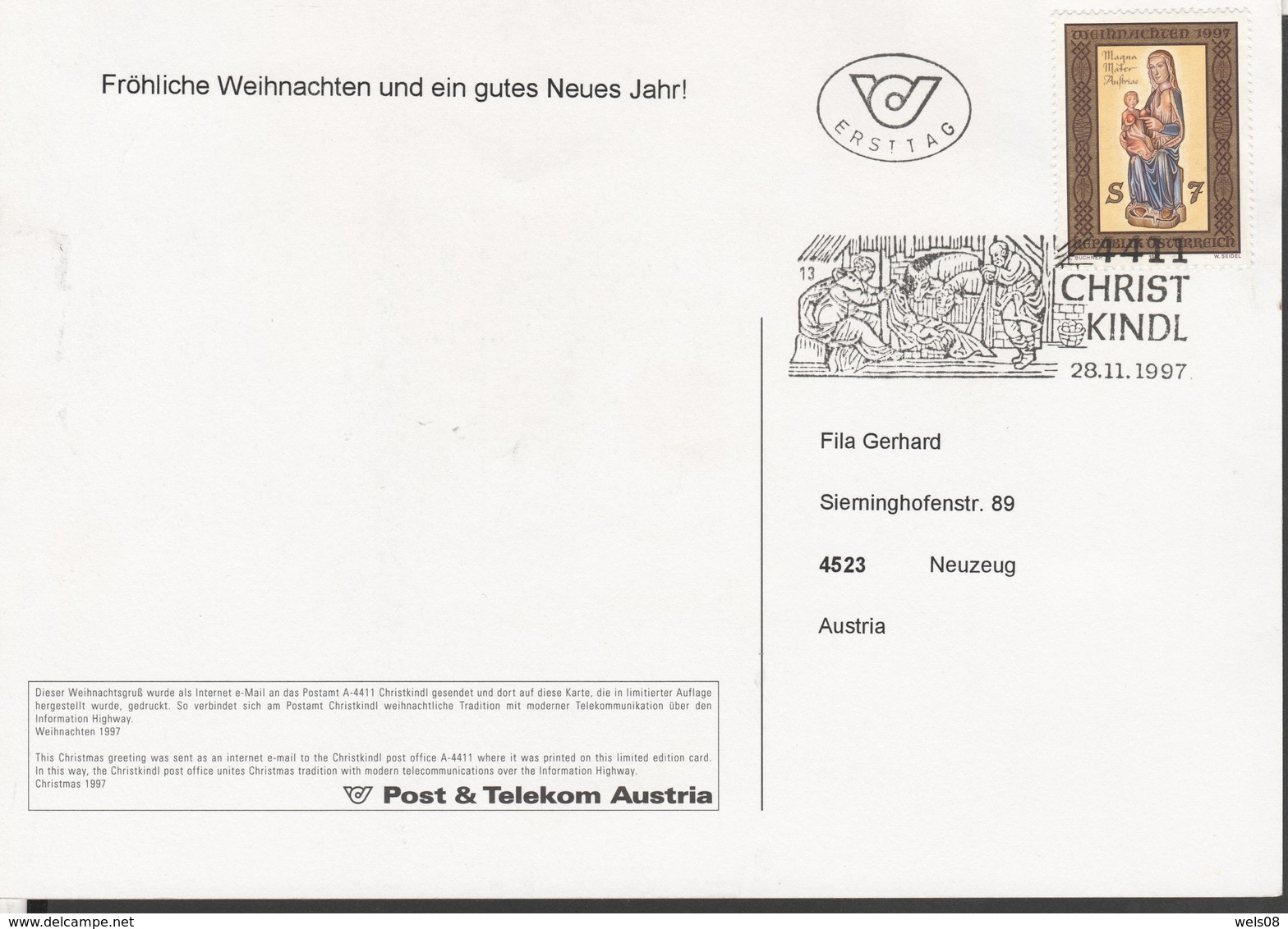 Österreich 1997: Christkindl-Beleg V. 28.11.1997 Sponsor Der Internet X-Mas Card - Storia Postale