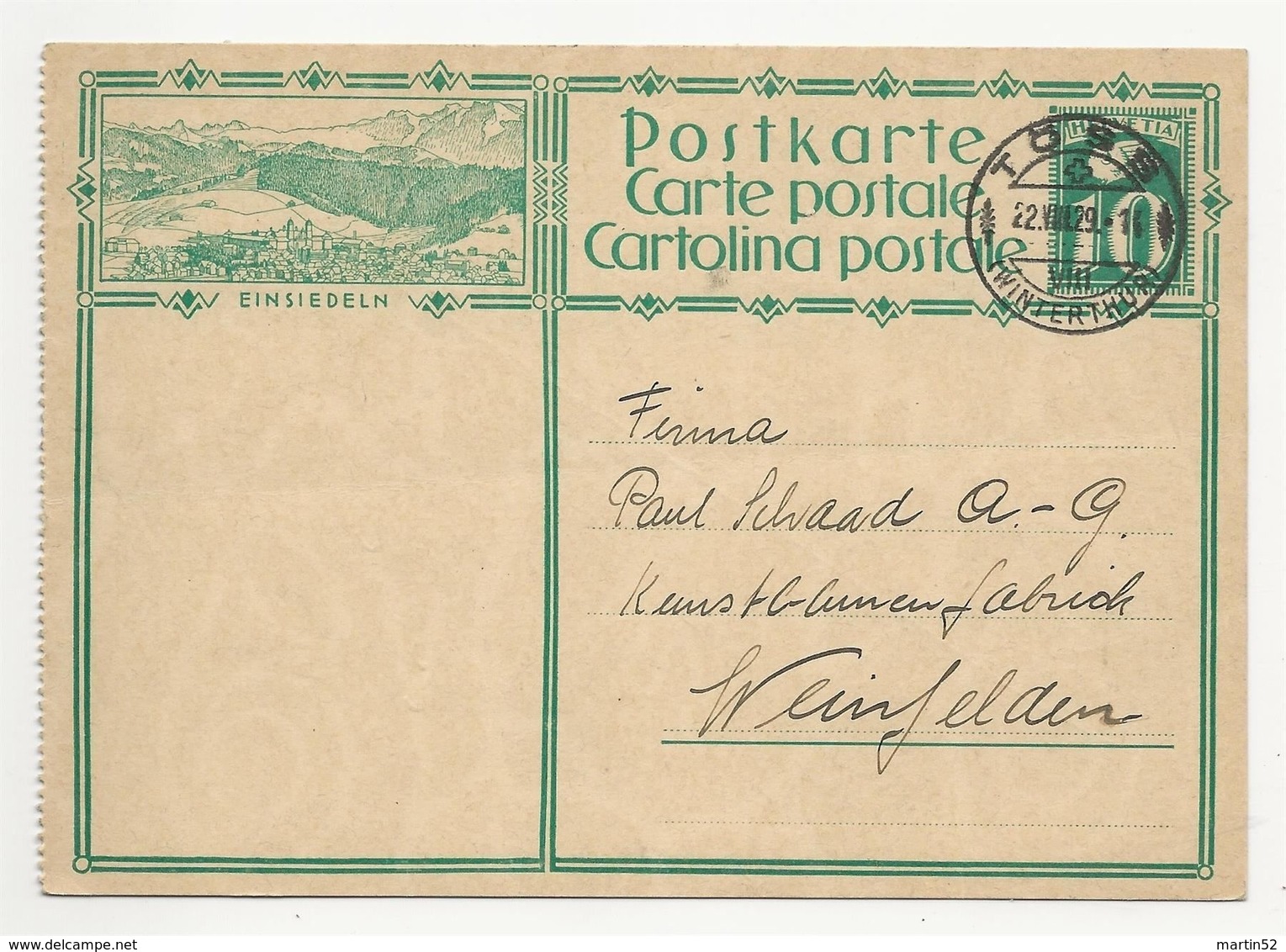 Schweiz Suisse 1929: Bild-PK CPI "EINSIEDELN" (gezähnt Perforé) Mit Stempel TÖSS 22.VIII.29 (WINTERTHUR) Nach Weinfelden - Interi Postali