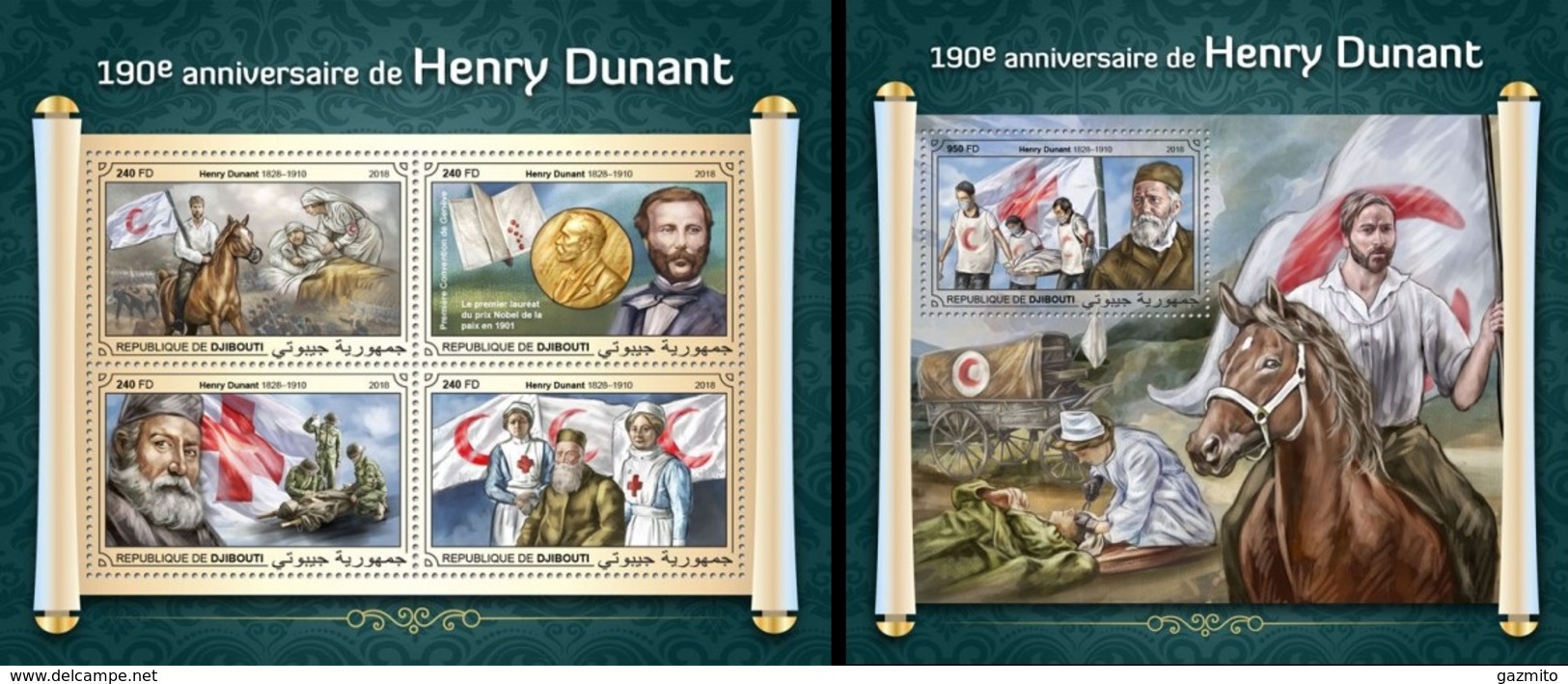 Djibouti 2018, Red Cross, Dunand, Horse, 4val In BF+BF - Henry Dunant