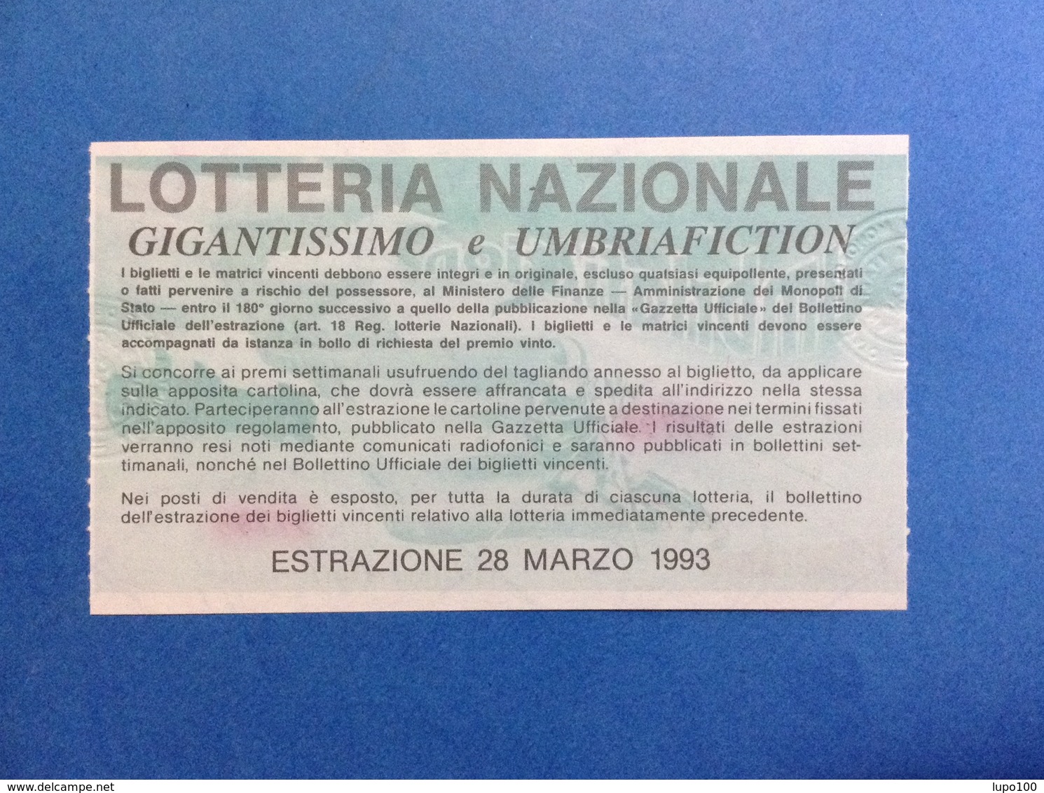 1993 BIGLIETTO LOTTERIA NAZIONALE UMBRIAFICTION - Biglietti Della Lotteria