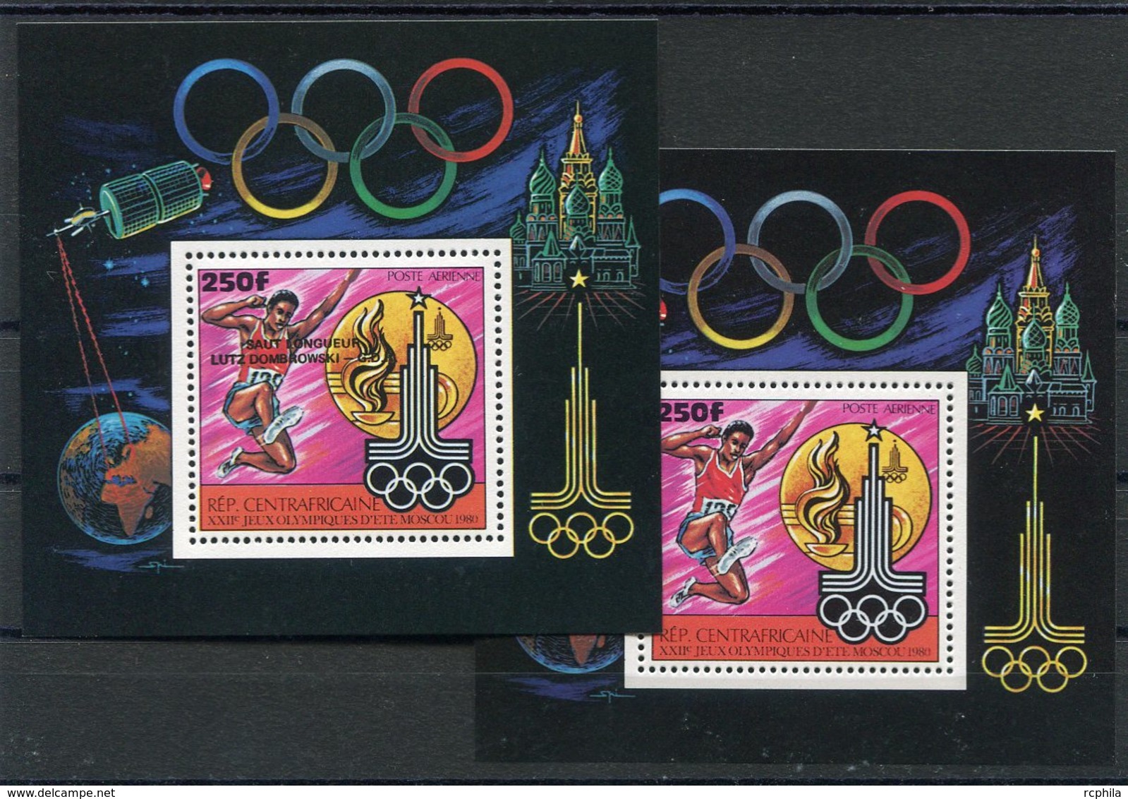 RC 14708 REP CENTRAFRICAINE JEUX OLYMPIQUES DE MOSCOU + SURCHARGÉ BLOC FEUILLET NEUF ** MNH TB - República Centroafricana