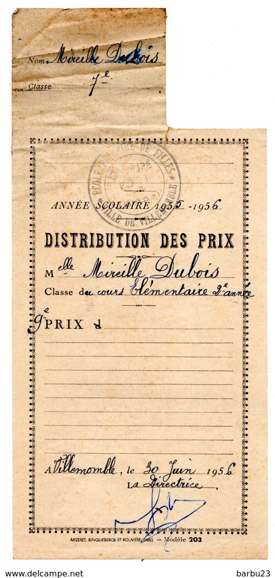 Distribution Des Prix 9ème Prix Cours élementaire 2è Année Villemomble 1956 - Diploma & School Reports