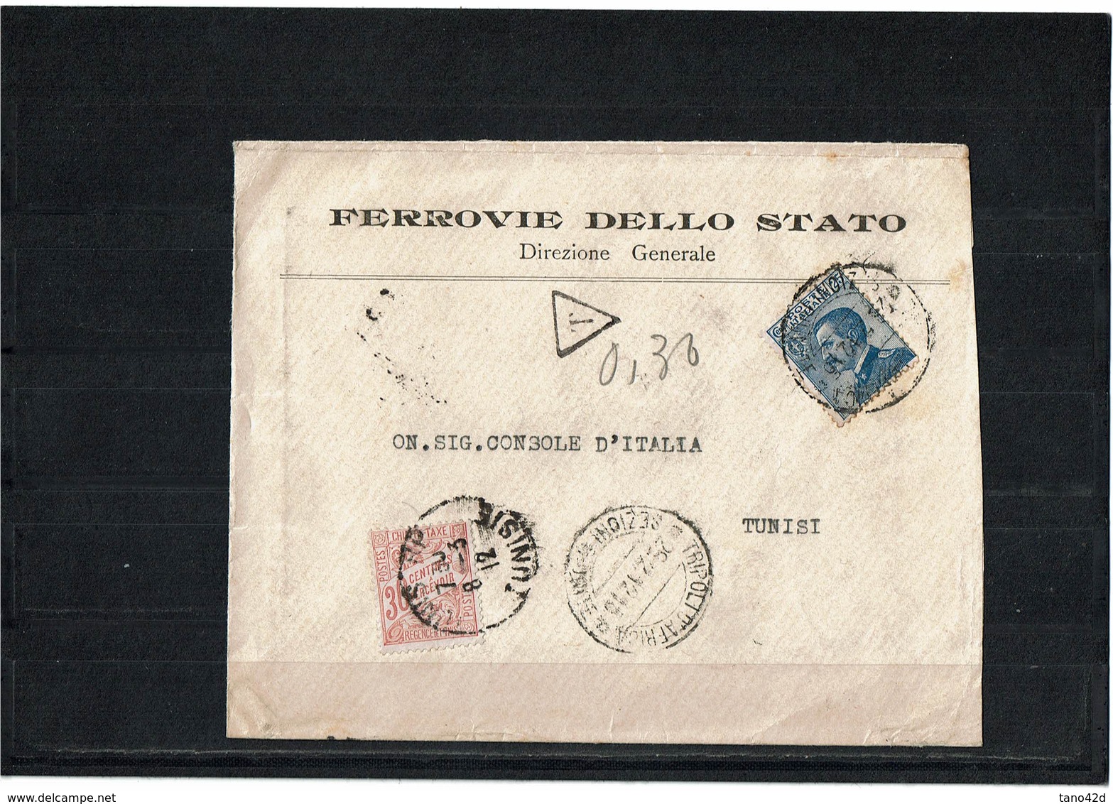 LCTN59/LE/PM - TRIPOLI LETTRE "FERROVIE DELLO STATO" POUR TUNIS 29/2/1912 TAXEE A L'ARRIVEE - Tripolitania