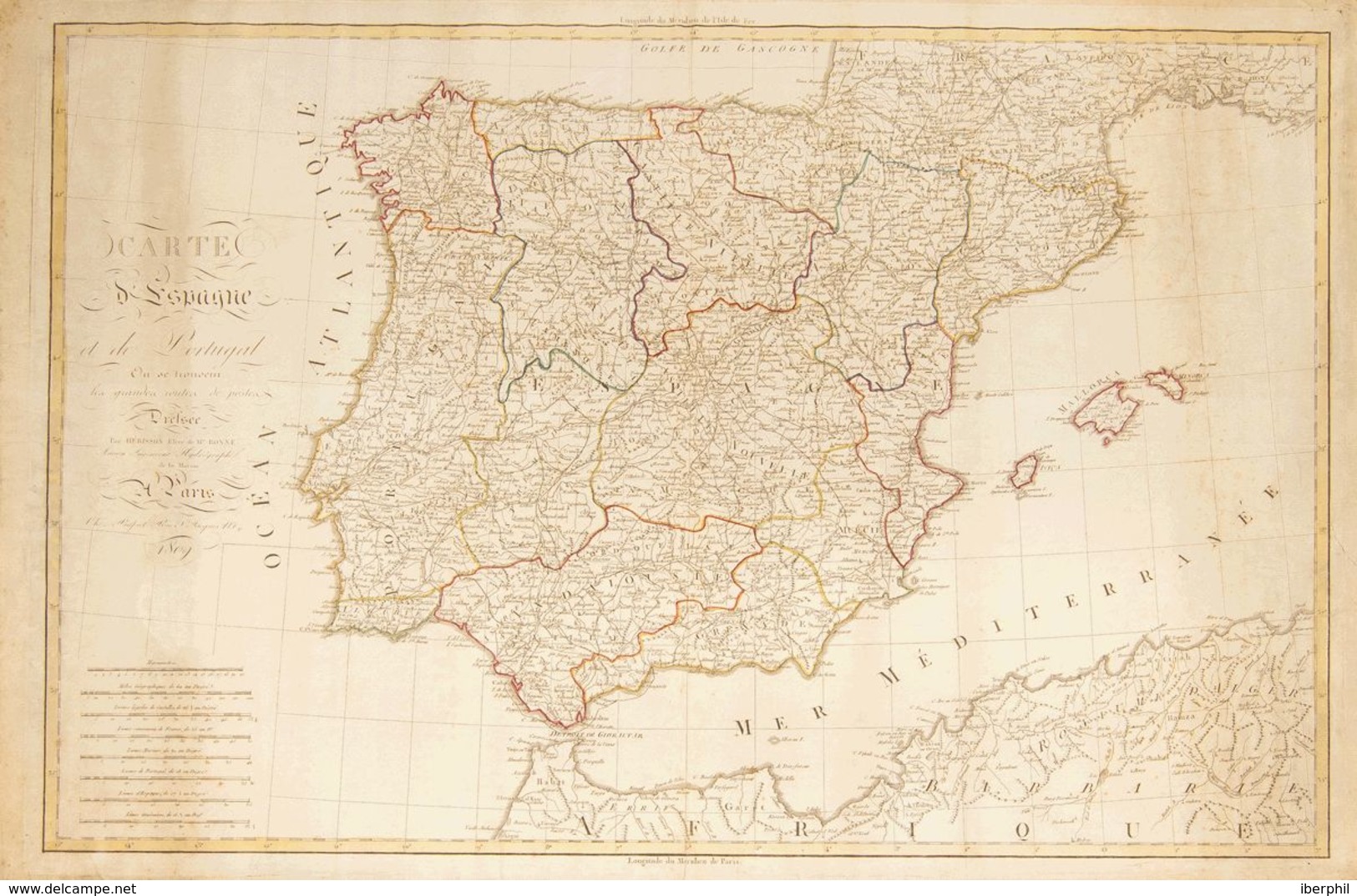 1809. CARTE D'ESPAGNE ET DE PORTUGAL OU SE TROUVEN LES GRANDES ROUTES DE POSTES. Hérisson. París, 1809. Grabado Al Cobre - Unclassified