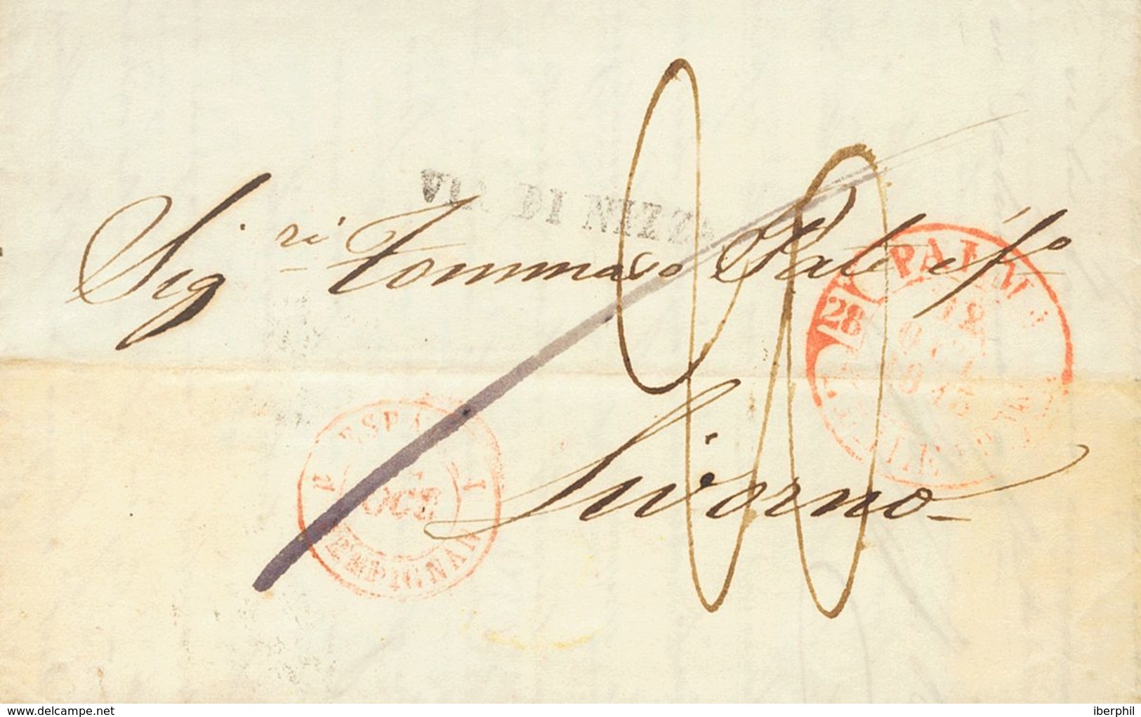 Sobre . 1843. PALMA DE MALLORCA A LIVORNO (TOSCANA). Baeza PALMA / Y.BALEARES, Marca VIA DI NIZZA Y Porteo "20" Manuscri - ...-1850 Prephilately