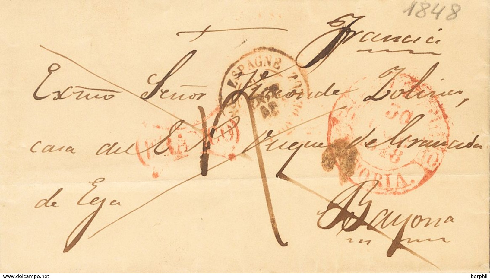 Sobre . 1848. AZCOITIA A BAYONA (FRANCIA). Baeza VERGARA / VITORIA (poco Legible) Y Marca FRANCO, En Rojo De Vergara (P. - ...-1850 Prefilatelia