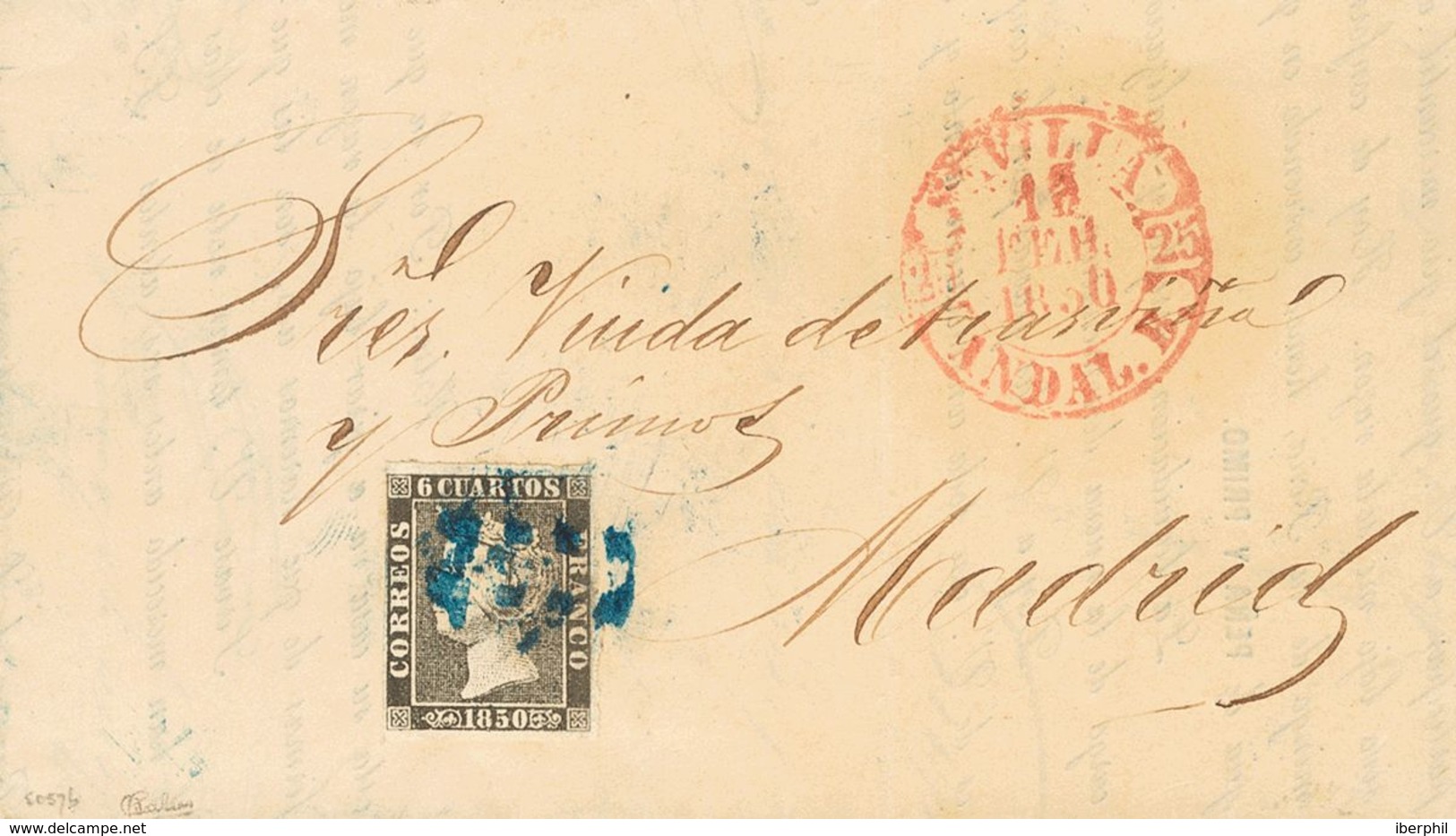 Sobre 1. 1850. 6 Cuartos Negro. SEVILLA A MADRID. Matasello "11" (limado), En Azul De Sevilla. MAGNIFICA. - Other & Unclassified