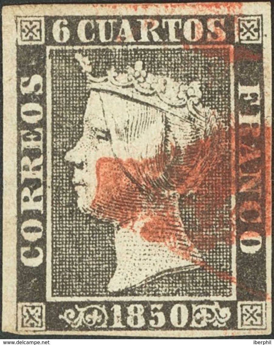 º1. 1850. 6 Cuartos Negro (I-19). Matasello "A", De Santander. MAGNIFICO Y MUY RARO. Cert. COMEX. - Sonstige & Ohne Zuordnung
