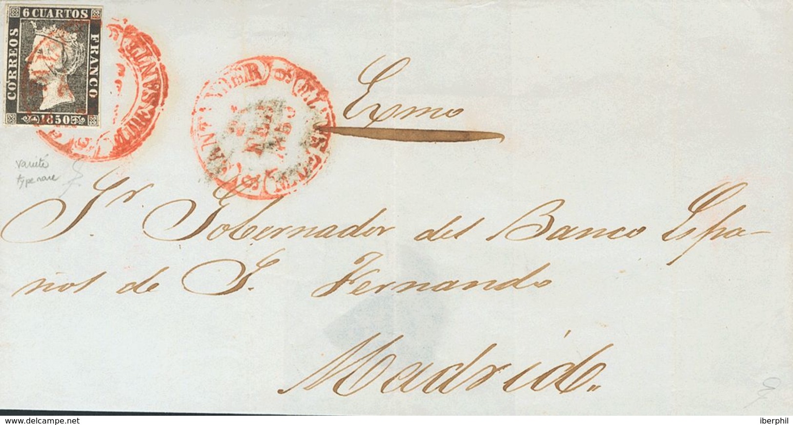 Sobre 1. 1850. 6 Cuartos Negro. SANTANDER A MADRID. Matasello Baeza SANTANDER / M. DE SANTR. MAGNIFICA Y ESPECTACULAR ES - Autres & Non Classés