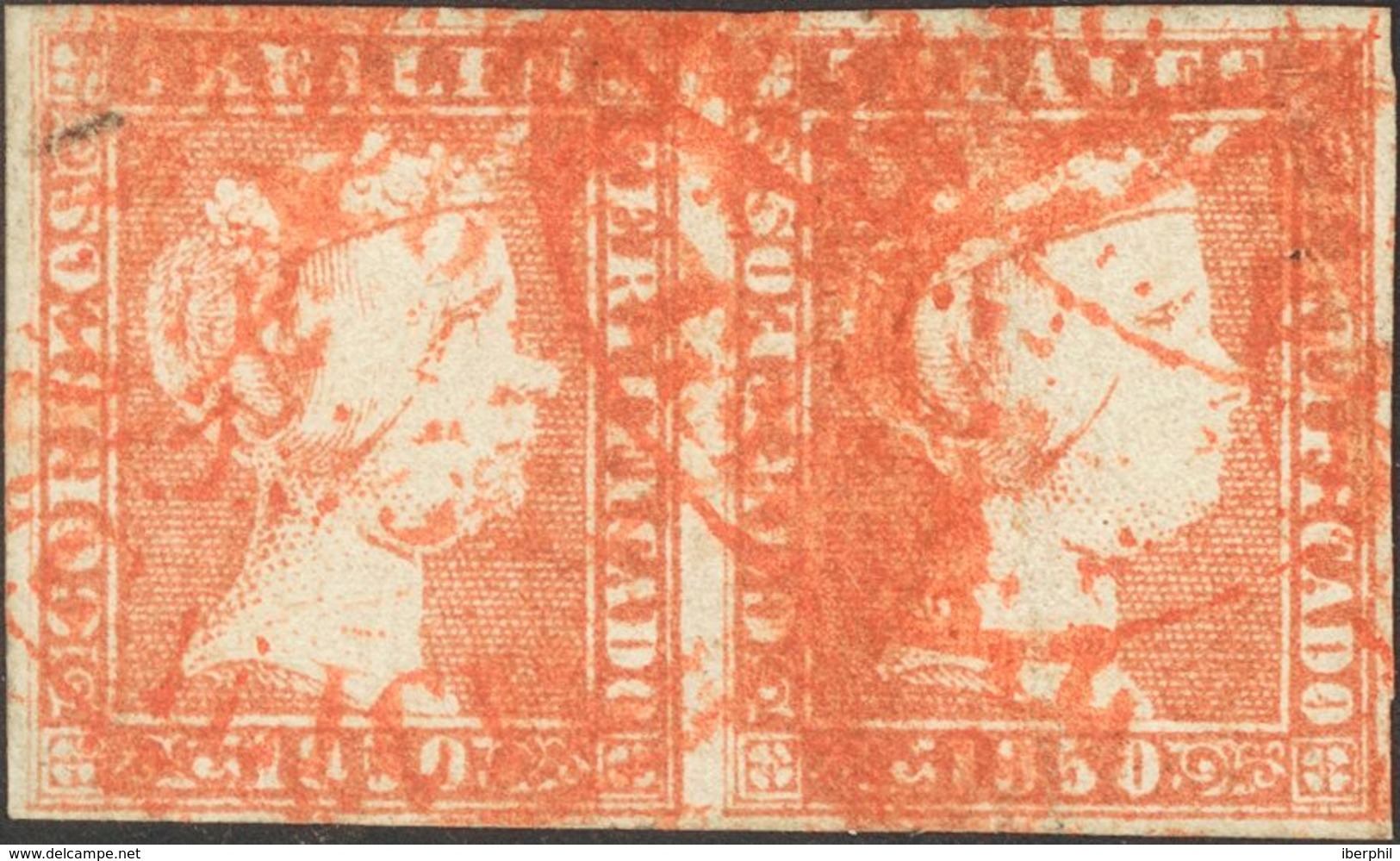 º3(2). 1850. 5 Reales Rojo, Pareja (un Sello Leve Defecto Sin Importancia). Matasello Baeza ... / GALICIA, En Rojo. BONI - Andere & Zonder Classificatie