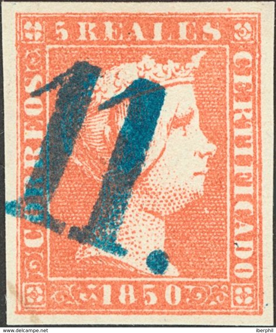 º3F. 1850. 5 Reales Rojo FALSO SPERATI. Matasello "11", En Azul De Zaragoza. MAGNIFICO. - Andere & Zonder Classificatie