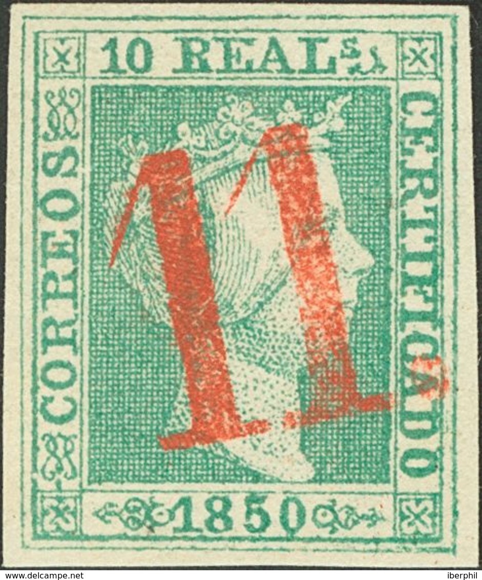º5F. 1850. 10 Reales Verde FALSO SPERATI. Matasello "11", En Rojo De Zaragoza (este Color Nunca Se Utilizó En Zaragoza C - Other & Unclassified