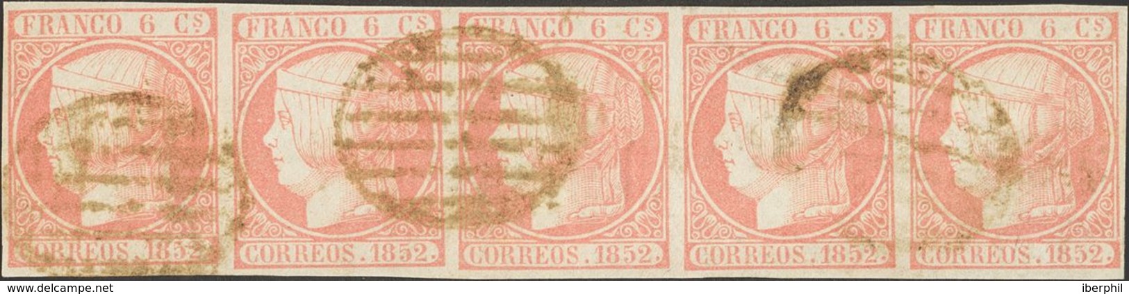 º12(5). 1852. 6 Cuartos Rosa, Tira De Cinco. MAGNIFICA Y RARA. Edifil 2014: +++349 Euros - Otros & Sin Clasificación