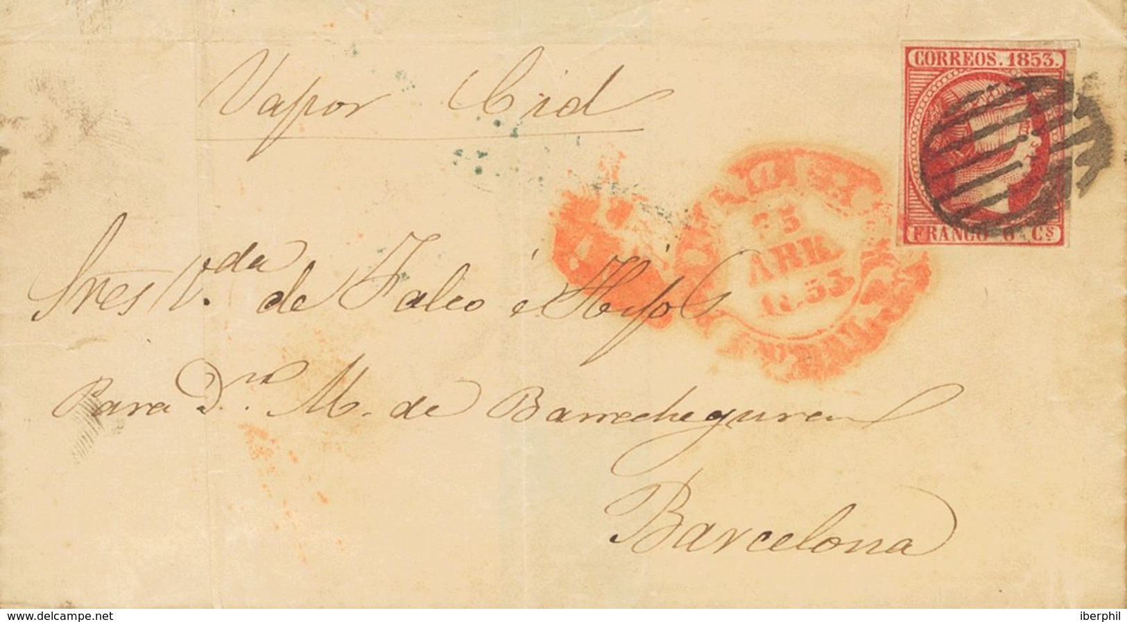 Sobre 17. 1853. 6 Cuartos Rosa. MALAGA A BARCELONA. En El Frente Manuscrito "Vapor Cid". MAGNIFICA. - Other & Unclassified