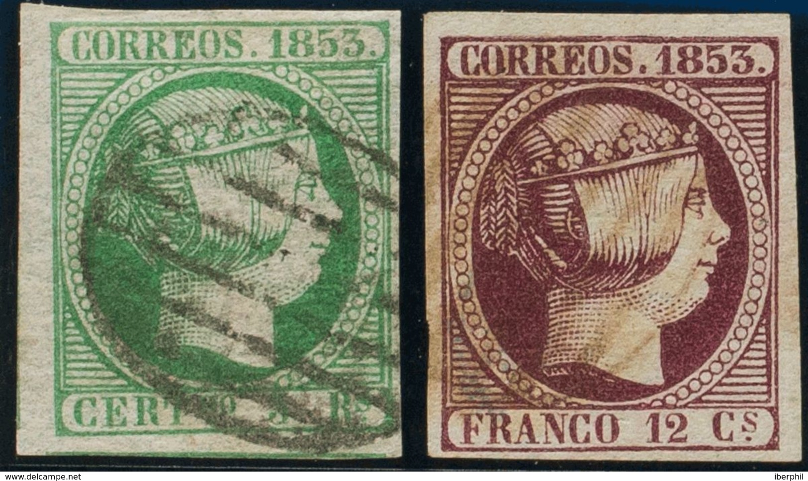 º18, 20. 1853. 12 Cuartos Violeta Y 5 Reales Verde, Borde De Hoja. Márgenes Enormes. MAGNIFICOS. Edifil 2020: 320 Euros - Andere & Zonder Classificatie