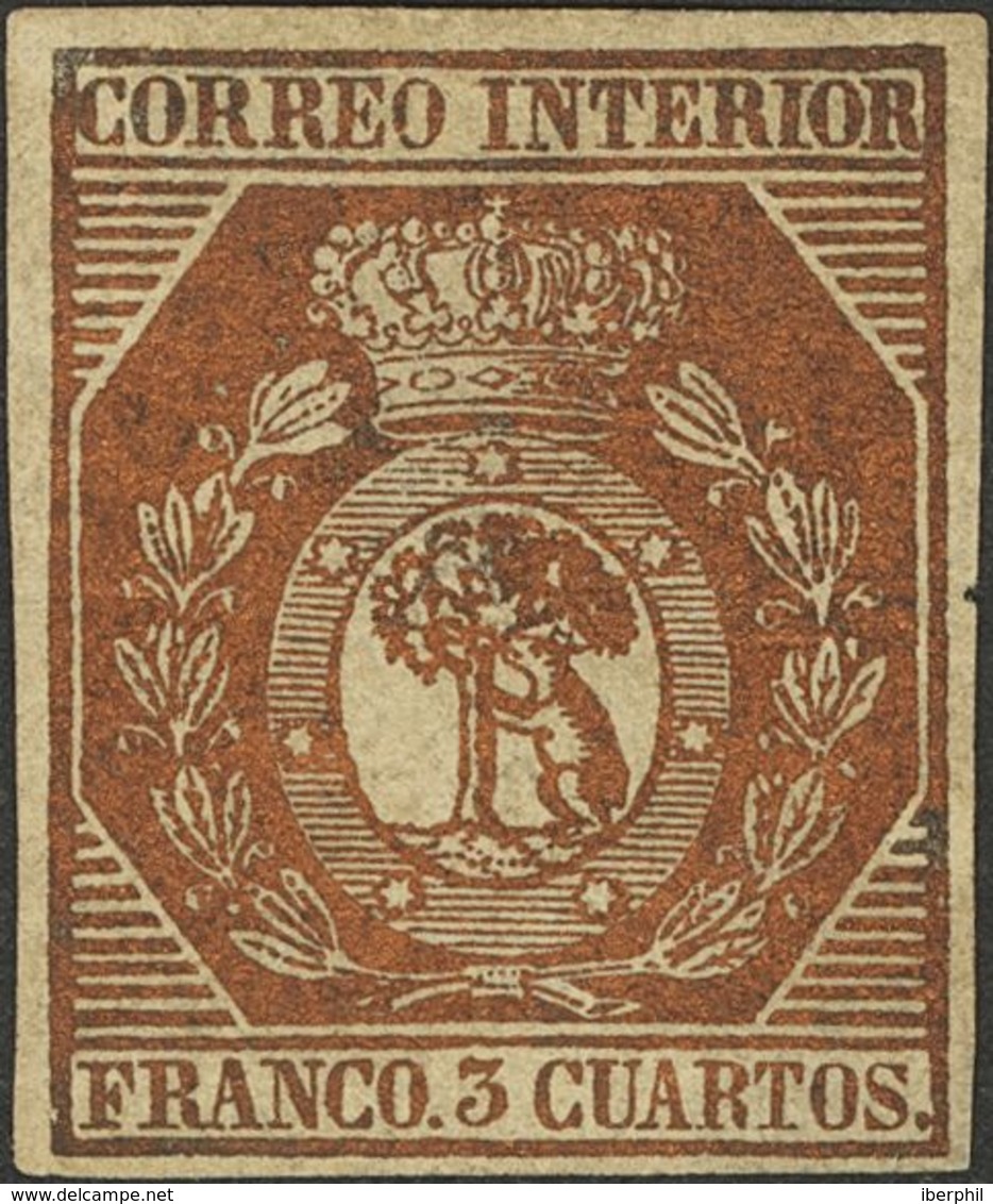 (*)23. 1853. 3 Cuartos Bronce Dorado (levísima Reparación En La Esquina Inferior Izquierda). Enormes Márgenes Y Color Ex - Autres & Non Classés