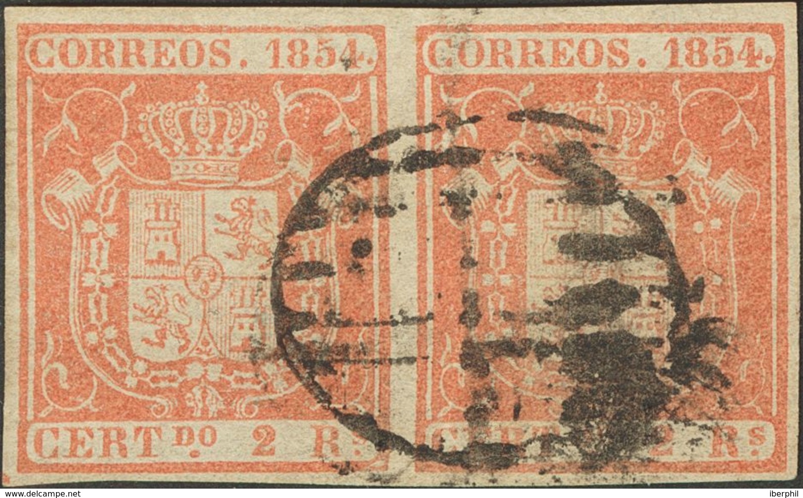 º25pb(2). 1854. 2 Reales Rojo, Pareja. PAPEL DELGADO AZULADO. MAGNIFICA Y MUY RARA. Edifil 2014: 1.930 Euros - Other & Unclassified