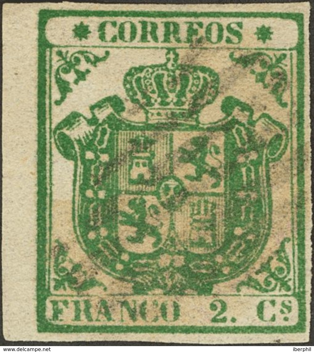 º32. 1854. 2 Cuartos Verde, Borde De Hoja. Color Muy Intenso. PIEZA DE LUJO. Cert. CEM. - Autres & Non Classés