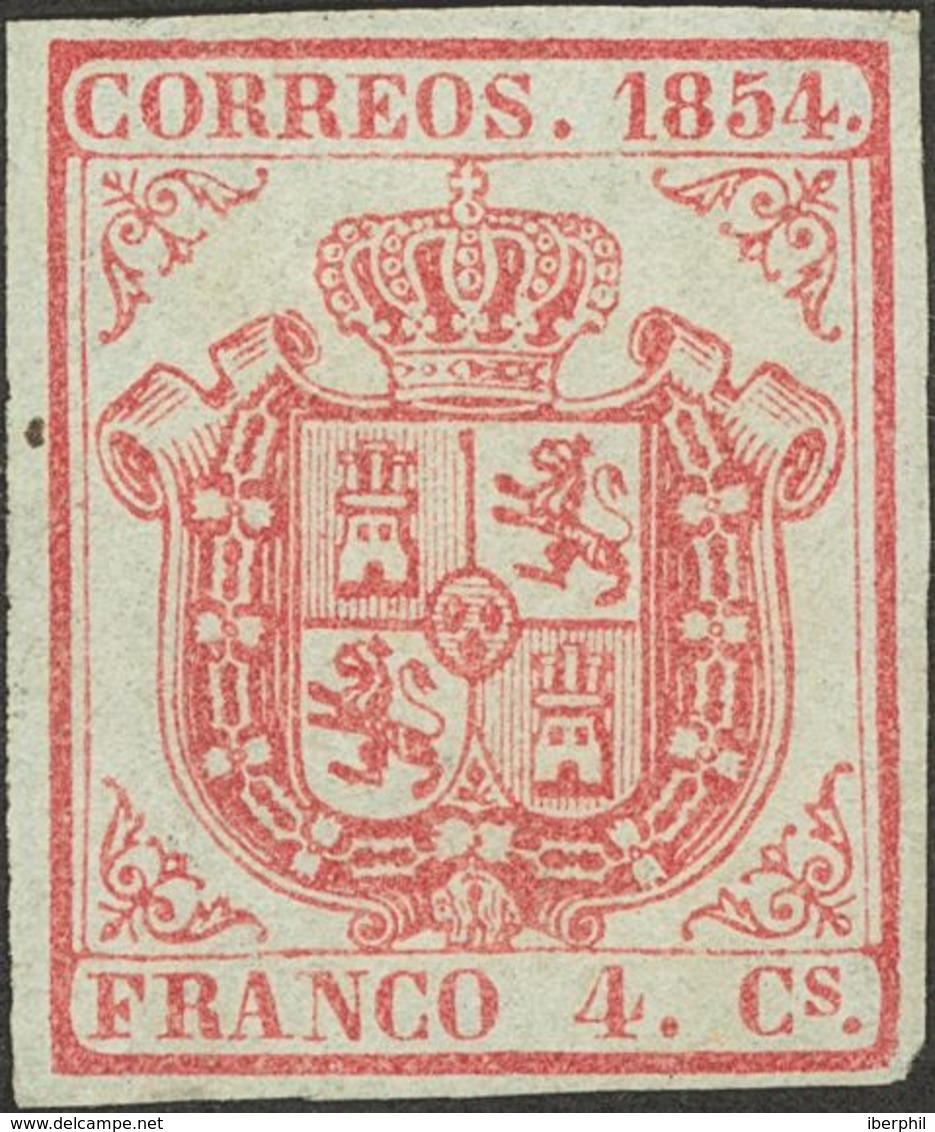 (*)33A. 1854. 4 Cuartos Carmín. PAPEL AZULADO. MAGNIFICO Y MUY RARO EN NUEVO CON ESTA TONALIDAD. Cert. COMEX. Edifil 202 - Autres & Non Classés