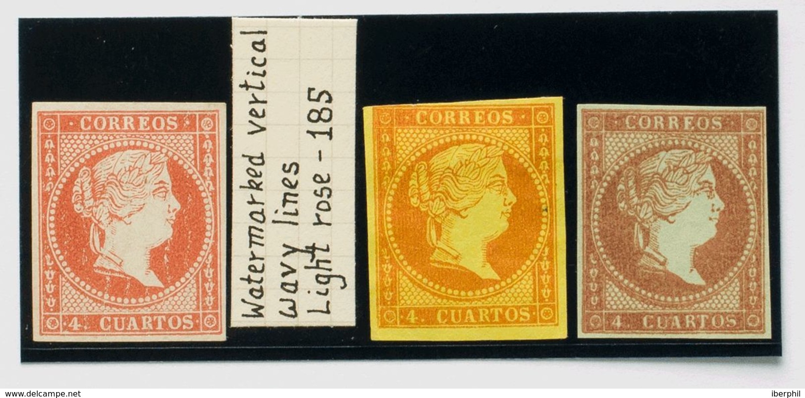 (*)40P(3). 1855. 4 Cuartos Castaño Lila Sobre Verdoso, 4 Cuartos Rojo Sobre Amarillo Y 4 Cuartos Rojo (filigrana Lineas  - Autres & Non Classés